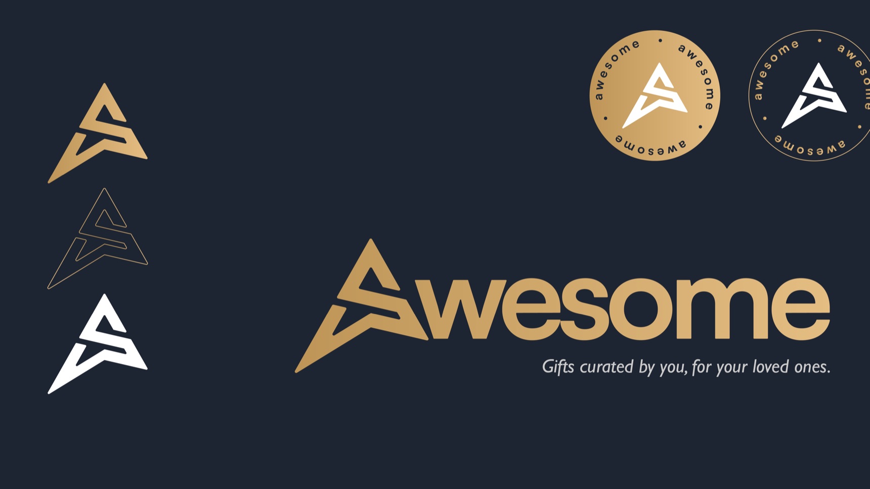 The Awesome logo in gold on deep navy, with the tagline Gifts curated by you, for your loved ones, the monogram in three versions and two circular seals