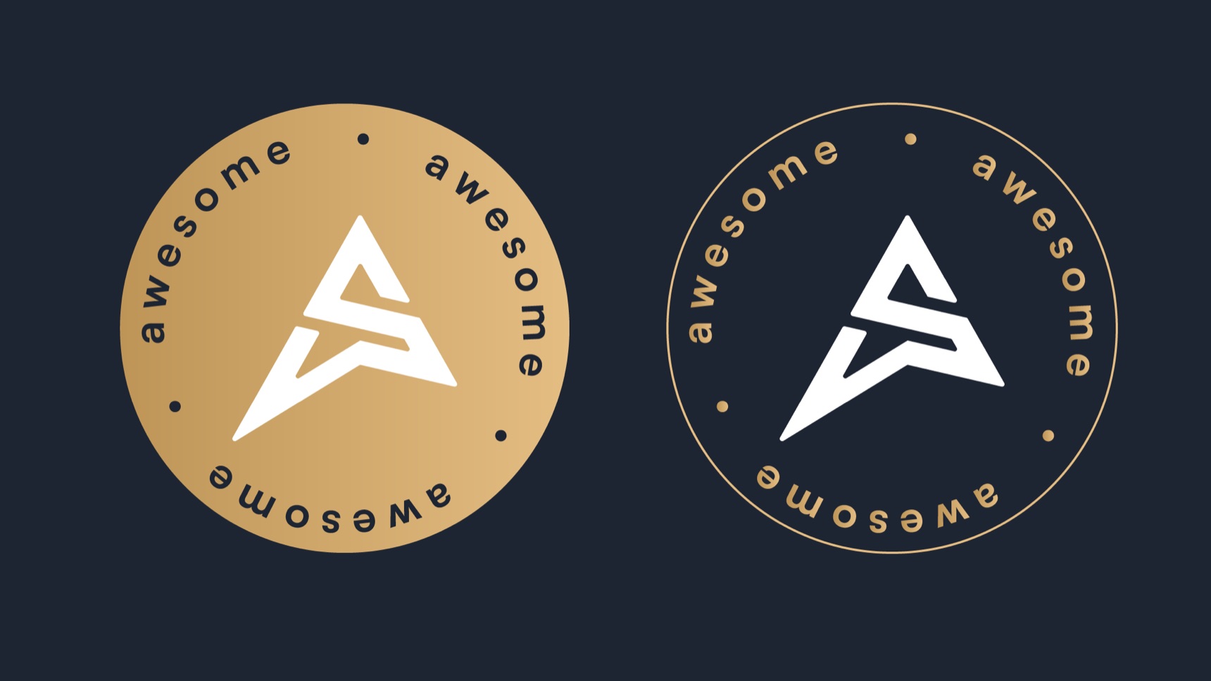 Two Awesome seals on navy: a solid gold disc and a thin gold outline, each with the monogram and a ring of lettering