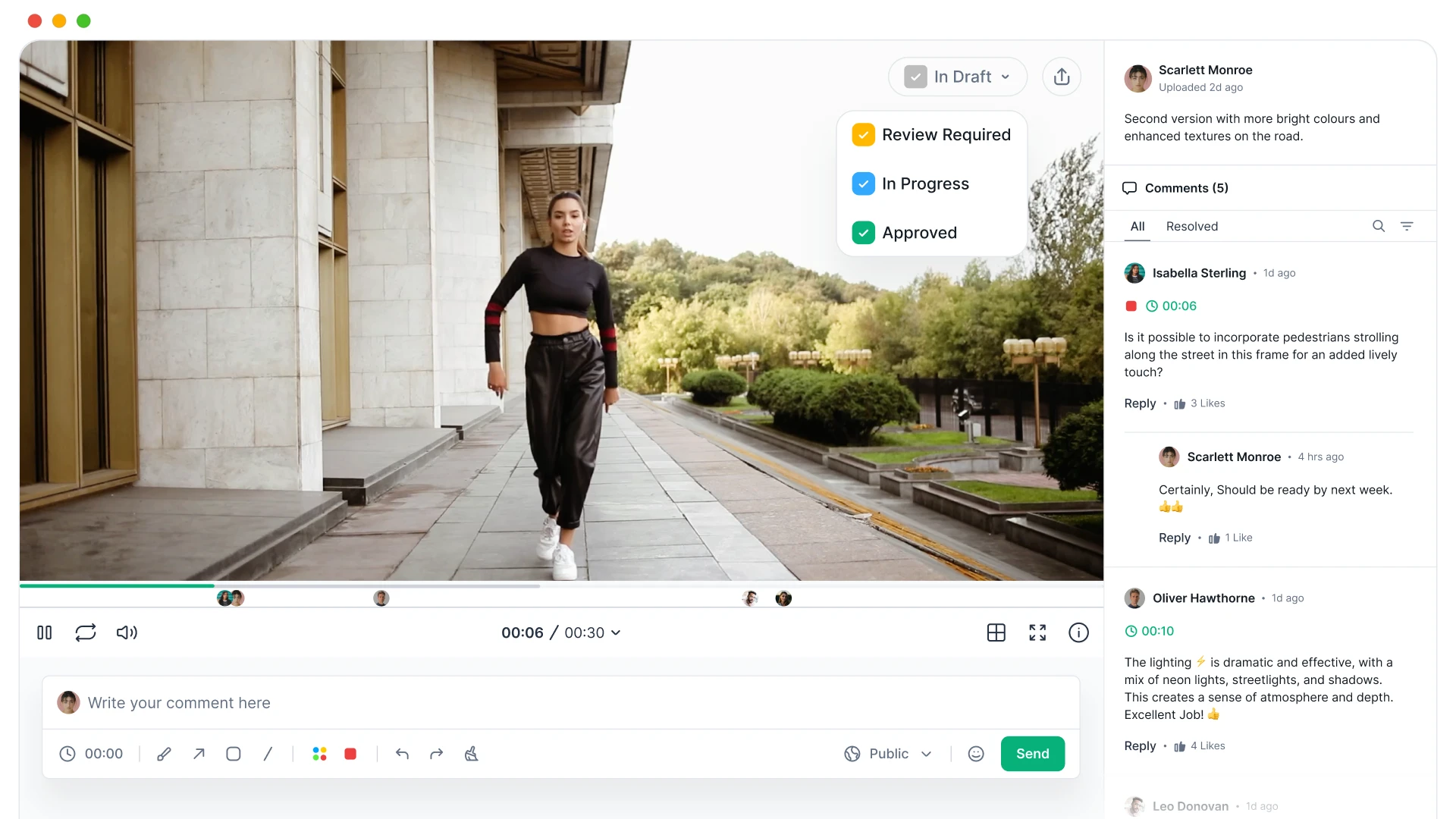 Flekh review screen: a video with a status menu, timeline comment markers and a threaded comment panel