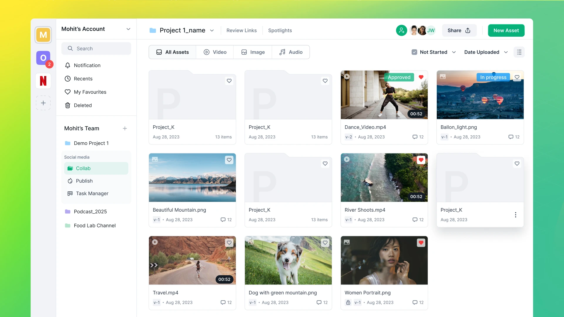 Flekh asset library: project folders and media cards with version, status, favourites and comment counts, beside the workspace sidebar