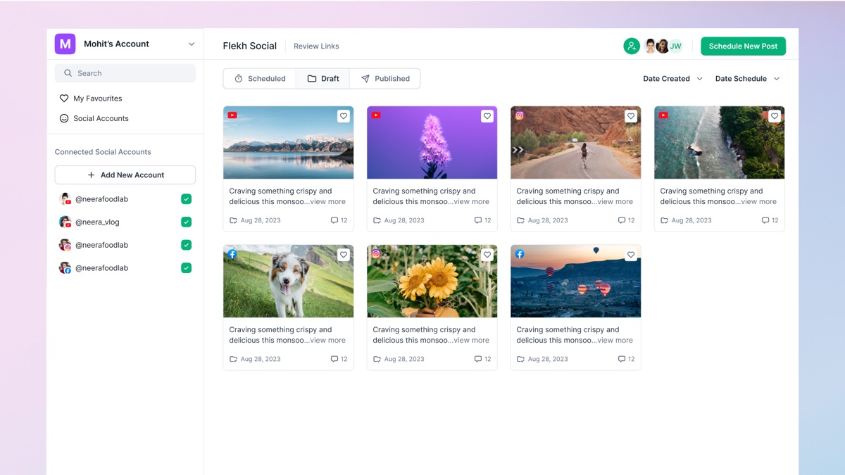 Flekh Publish: grid of social posts with Scheduled, Draft and Published tabs and a list of connected social accounts