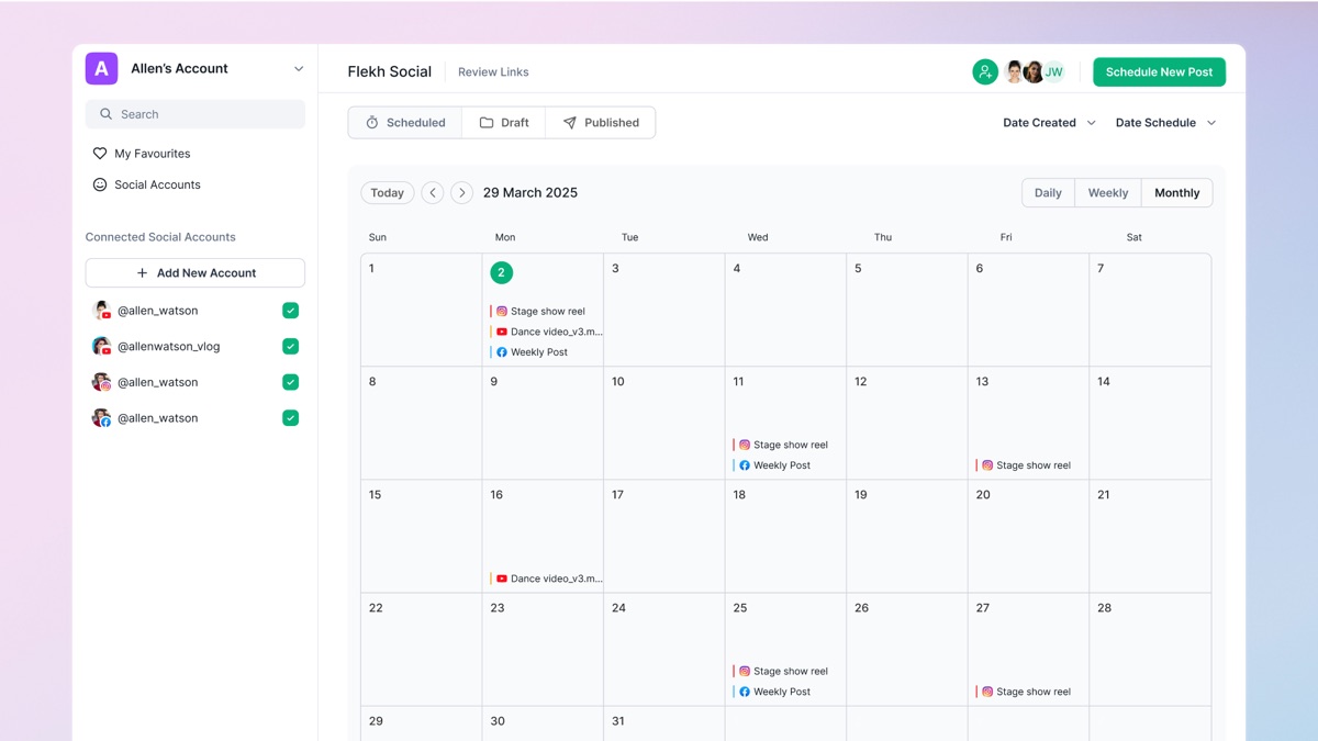 Flekh Publish calendar: a monthly view with Instagram, YouTube and Facebook posts scheduled on different days