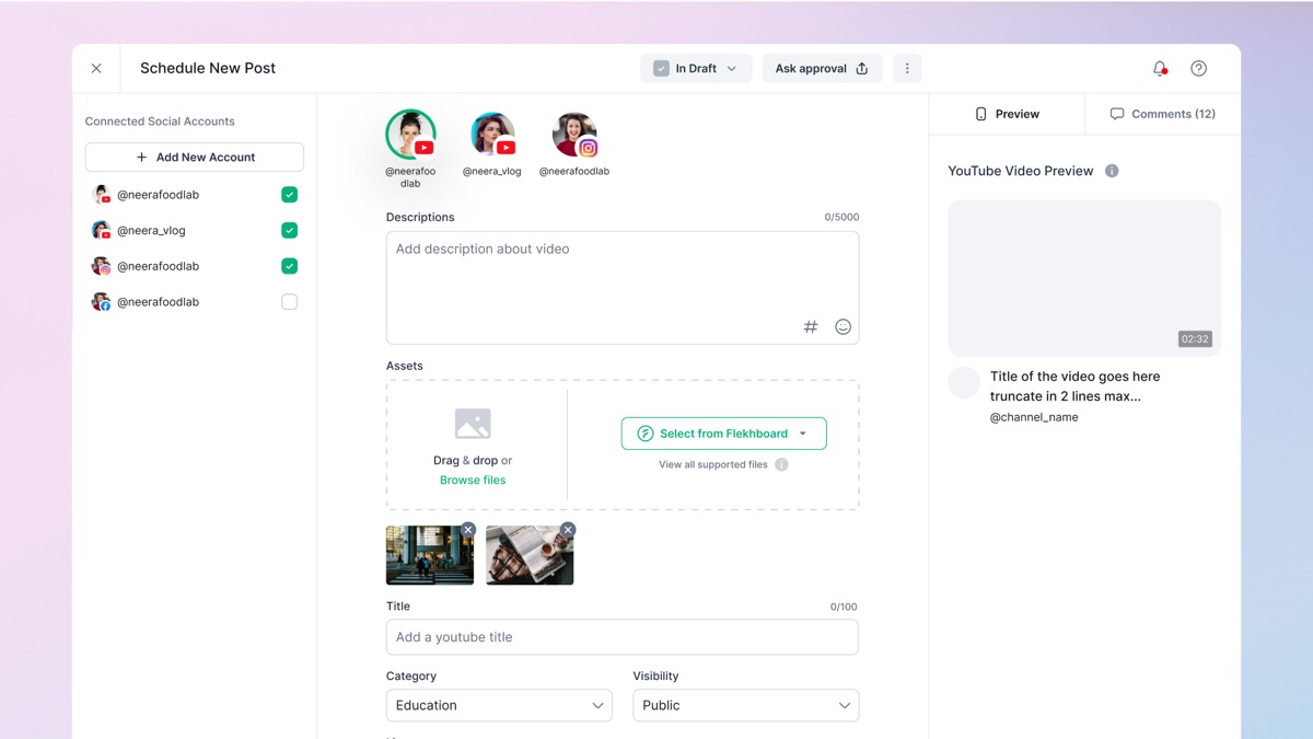 Flekh Schedule New Post: choosing accounts, writing a description, adding assets from Flekh, with a YouTube preview and an Ask approval button