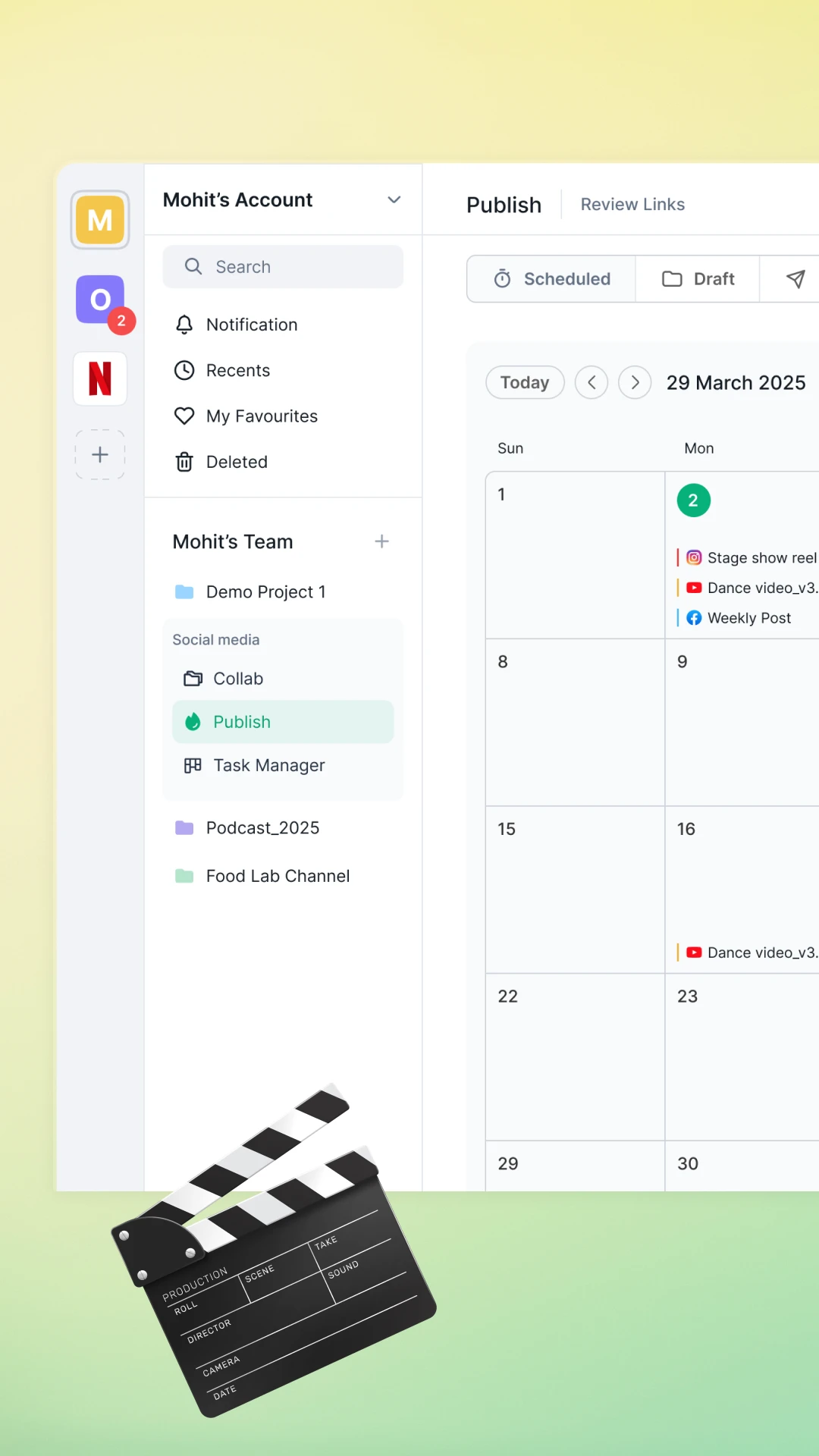 Flekh Publish calendar with scheduled Instagram, YouTube and Facebook posts