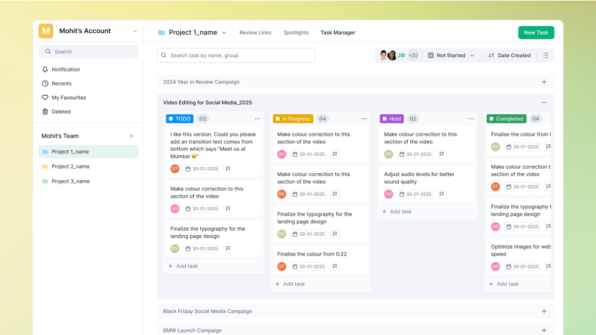 Flekh Task Manager board: task cards in To do, In progress, Hold and Completed columns, grouped by project