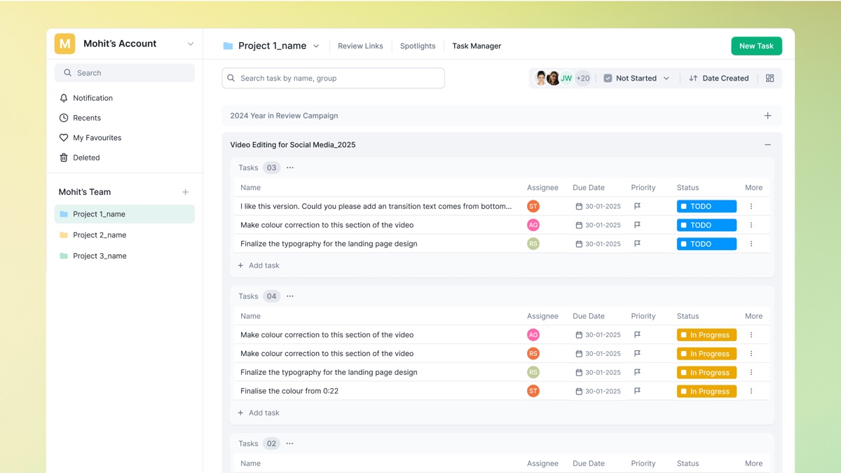 Flekh Task Manager list: tasks in a table with assignee, due date, priority and status