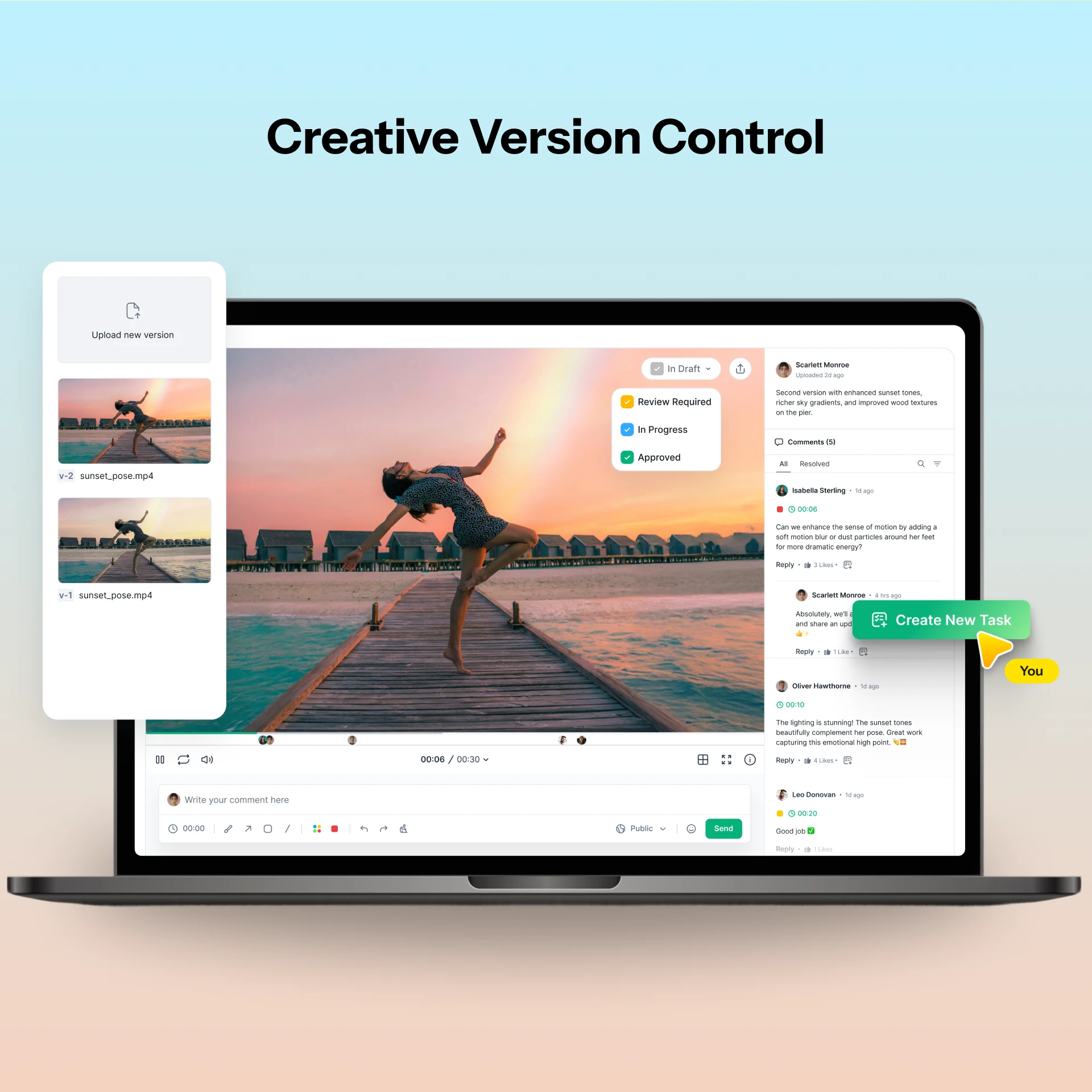 Flekh creative version control: version 1 and 2 of a video side by side, review status menu and timestamped comments