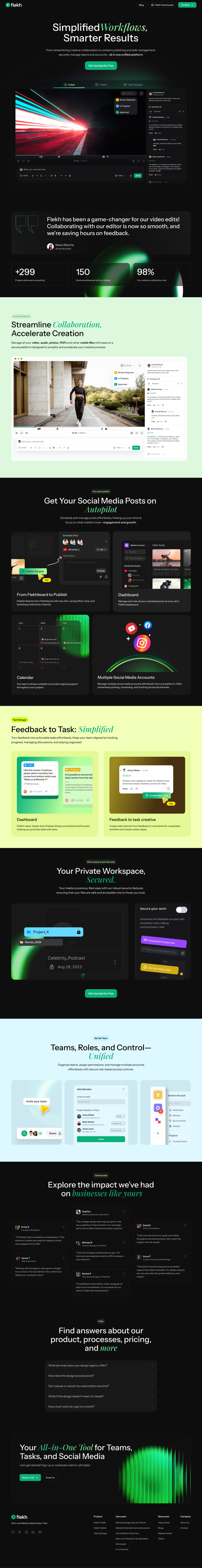 The flekh.com marketing website, scrolling slowly from the hero to the footer