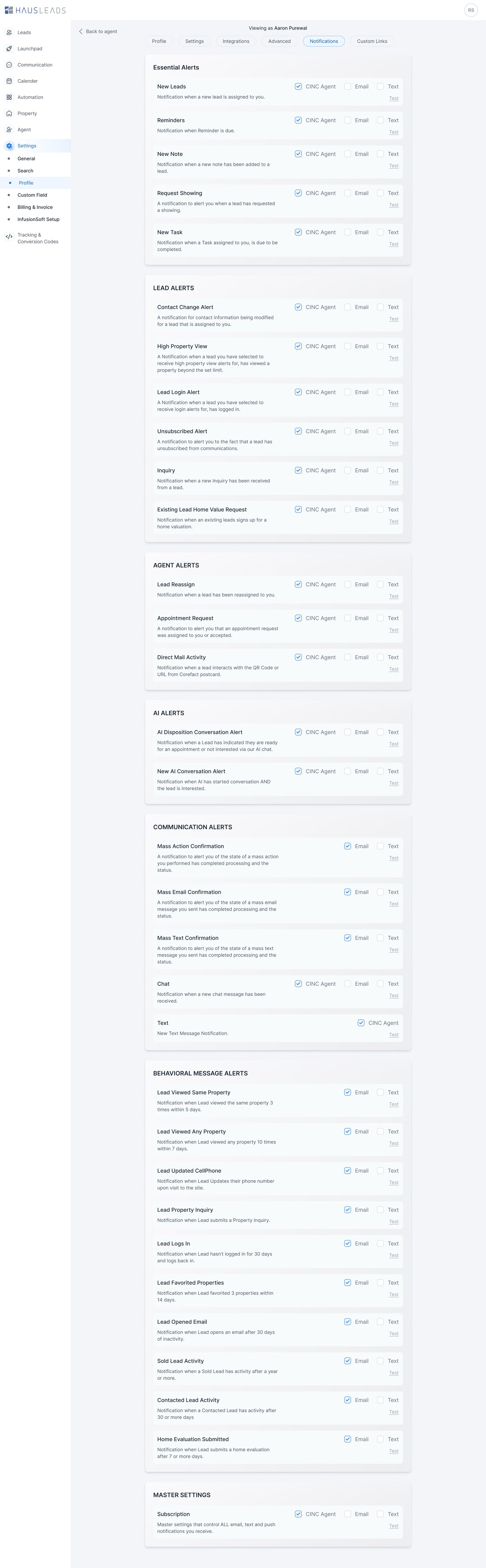Agent: the alerts. The agent's side: alert settings for new leads, requested showings, inquiries and appointment requests, by channel. The page scrolls.