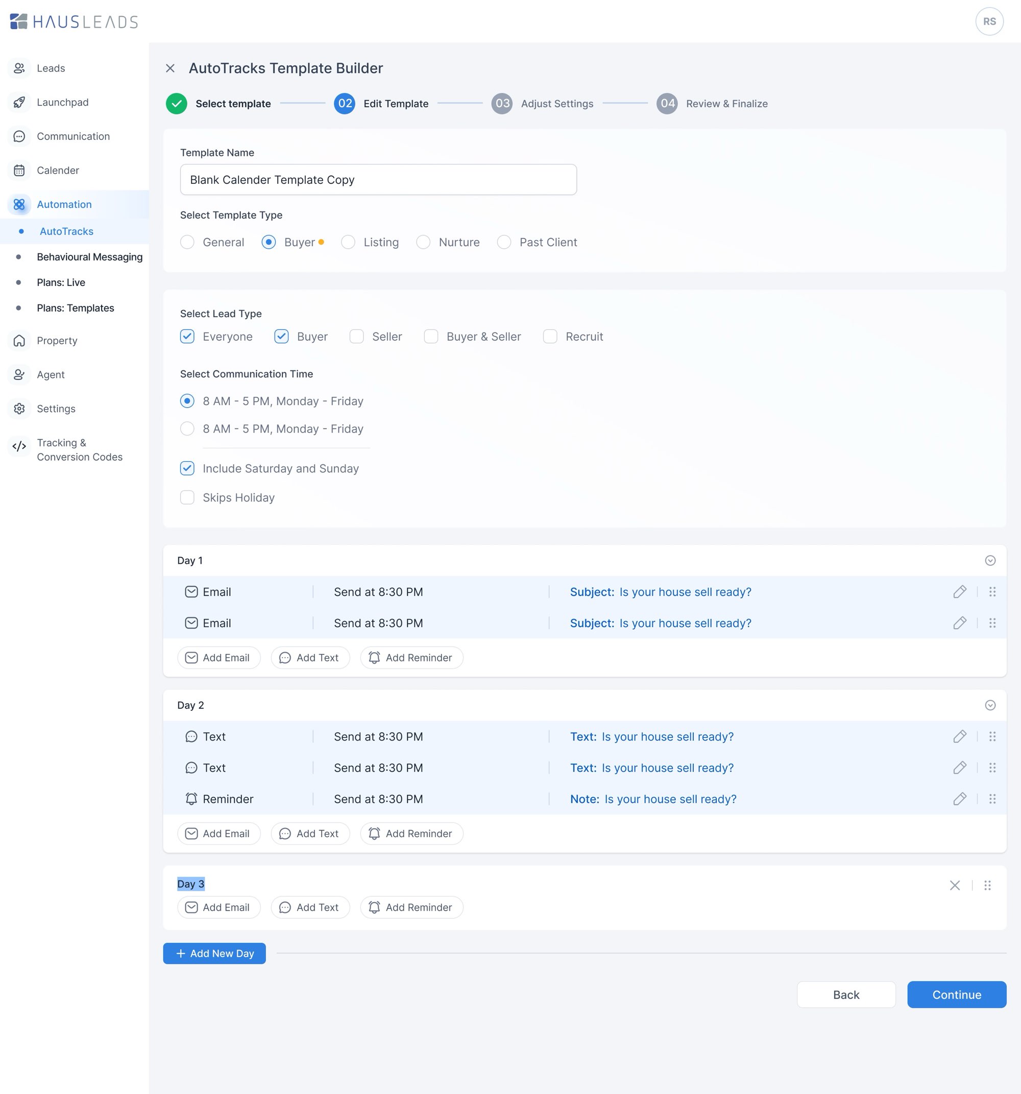 2 · Edit. Step 2, Edit Template: lead type, sending hours, and each day's emails, texts and reminders.