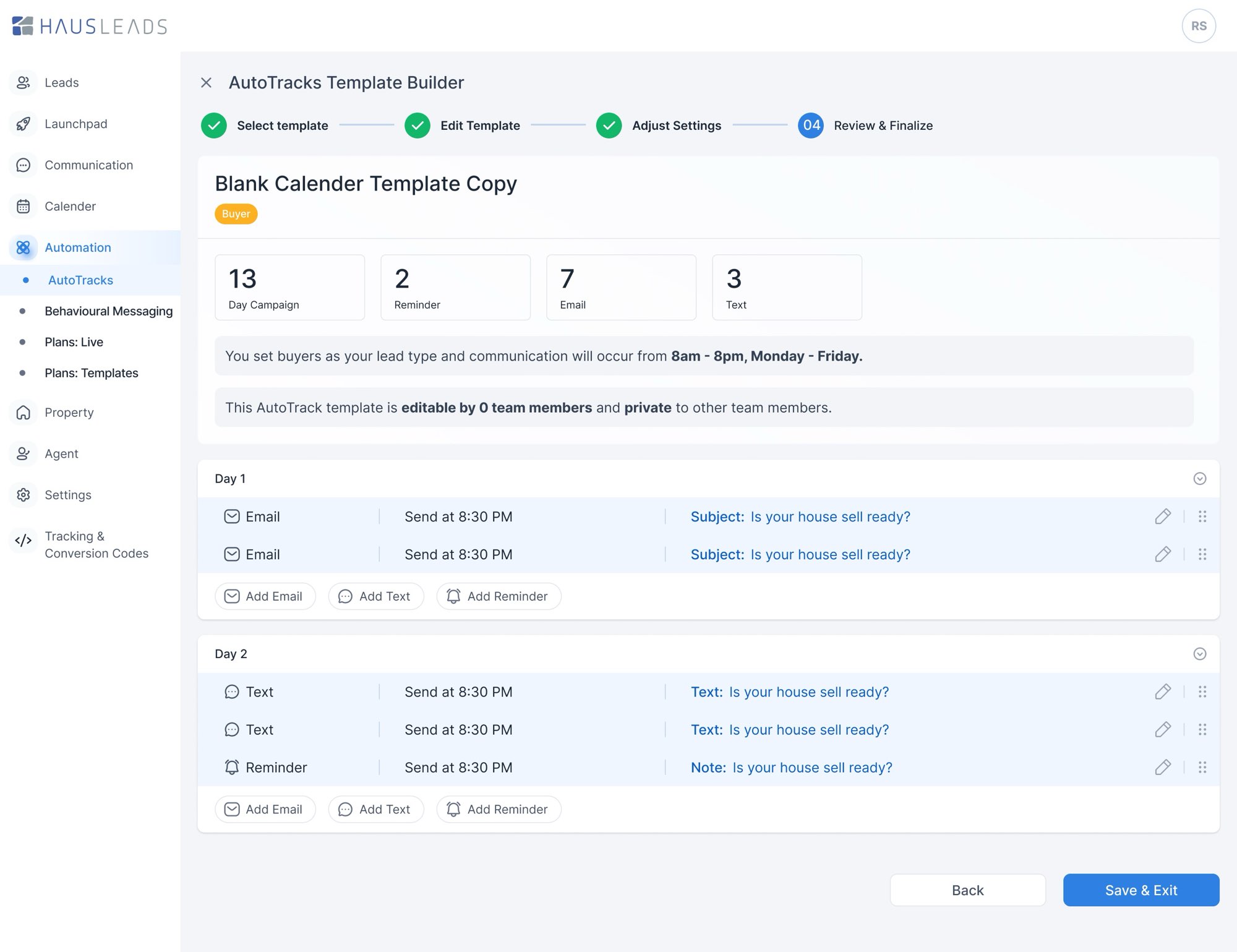 4 · Review. Step 4, Review & Finalize: the campaign at a glance before saving.