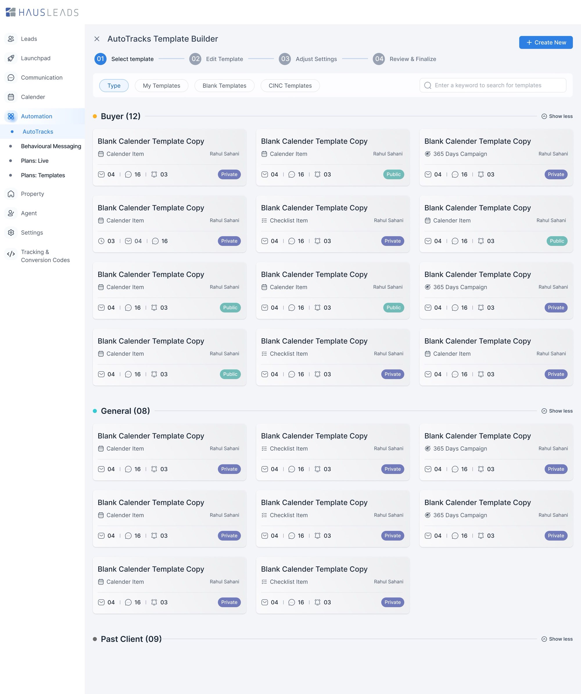 1 · Choose. Step 1, Select template: templates grouped by lead type. The page scrolls.