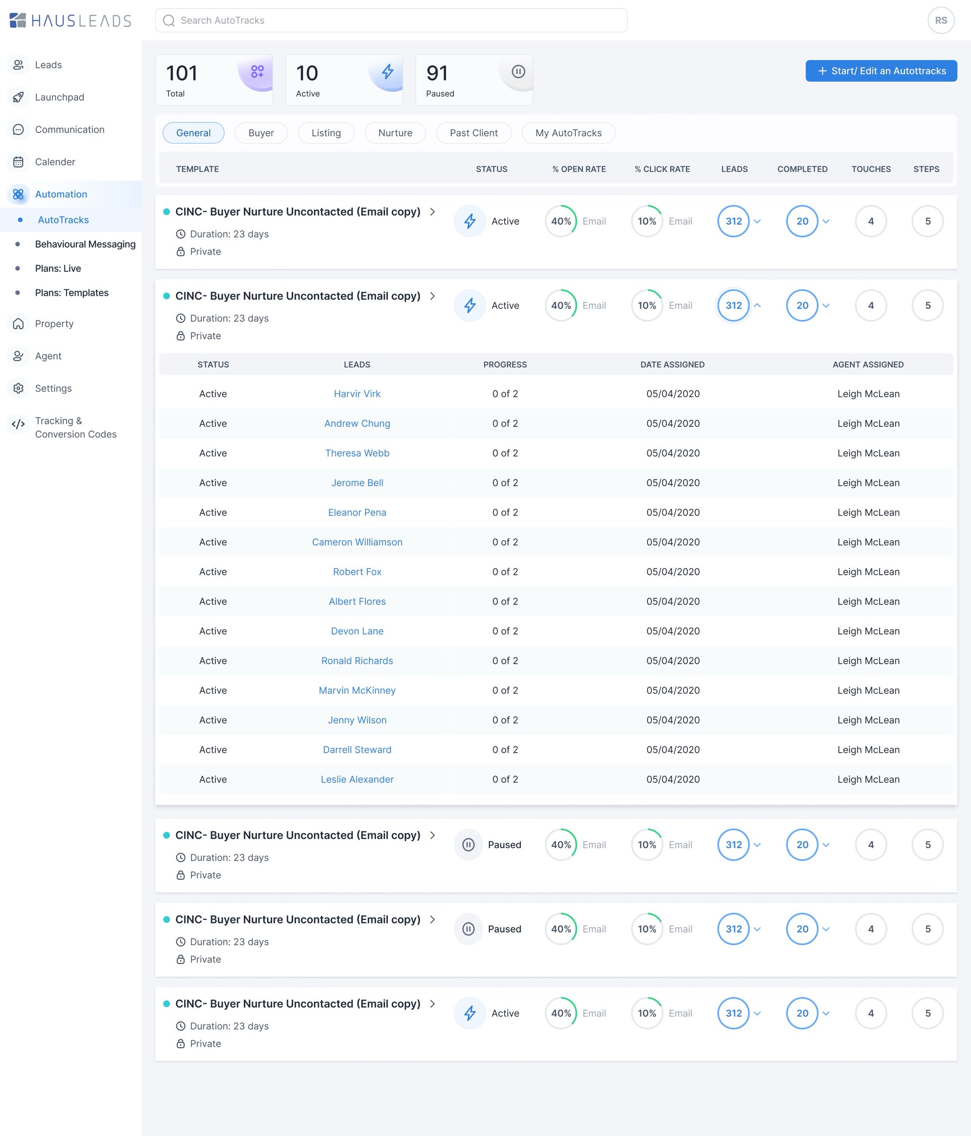 AutoTracks. AutoTracks: active and paused sequences with open and click rates, leads, completed, touches and steps, expandable per lead.