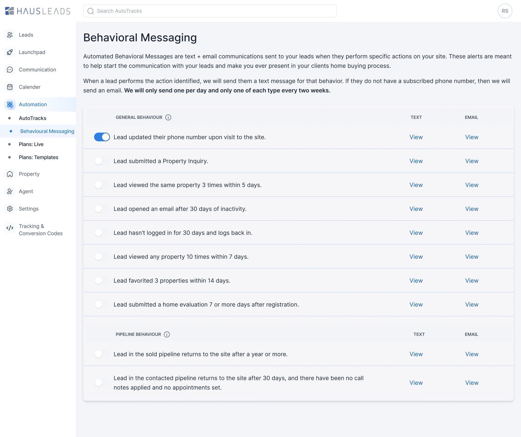 Behavioural messaging. Behavioural Messaging: general and pipeline behaviours, each with a switch and its text and email versions.