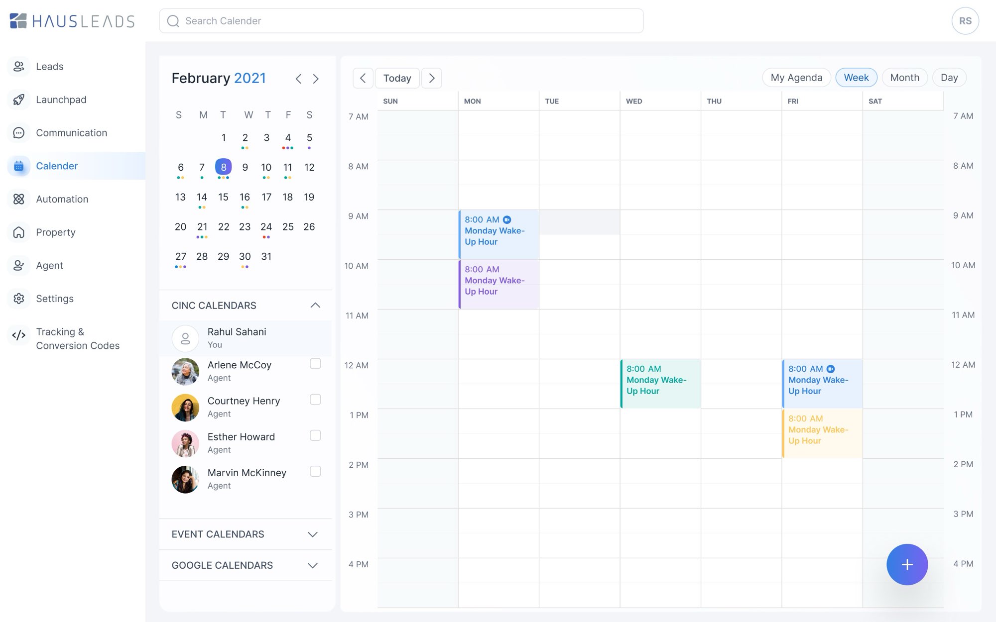 Agent: the calendar. The appointment lands in the calendar to confirm, with teammates' calendars alongside.