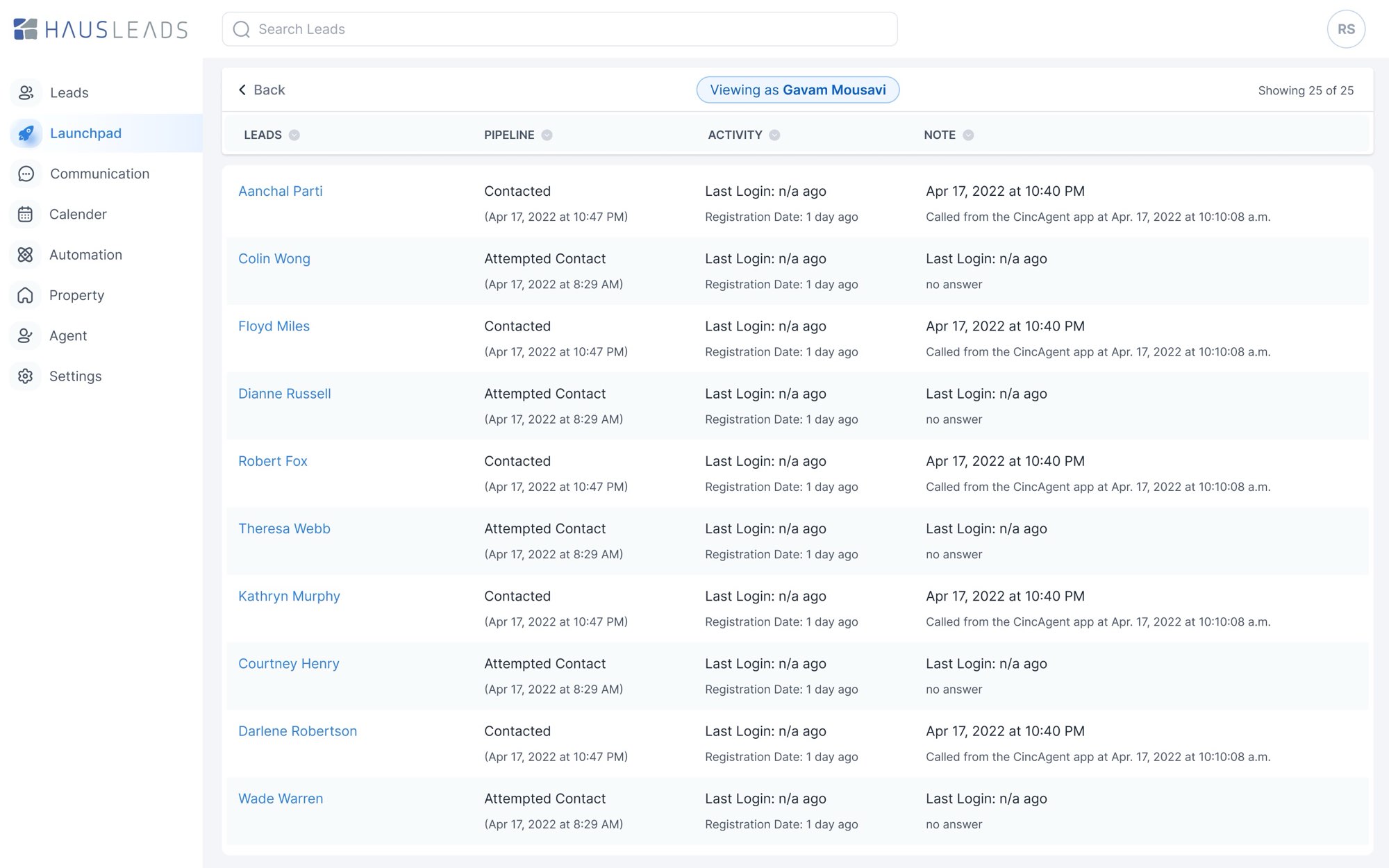 Call detail. Opening an agent shows their leads, each with pipeline stage, activity and the latest note.
