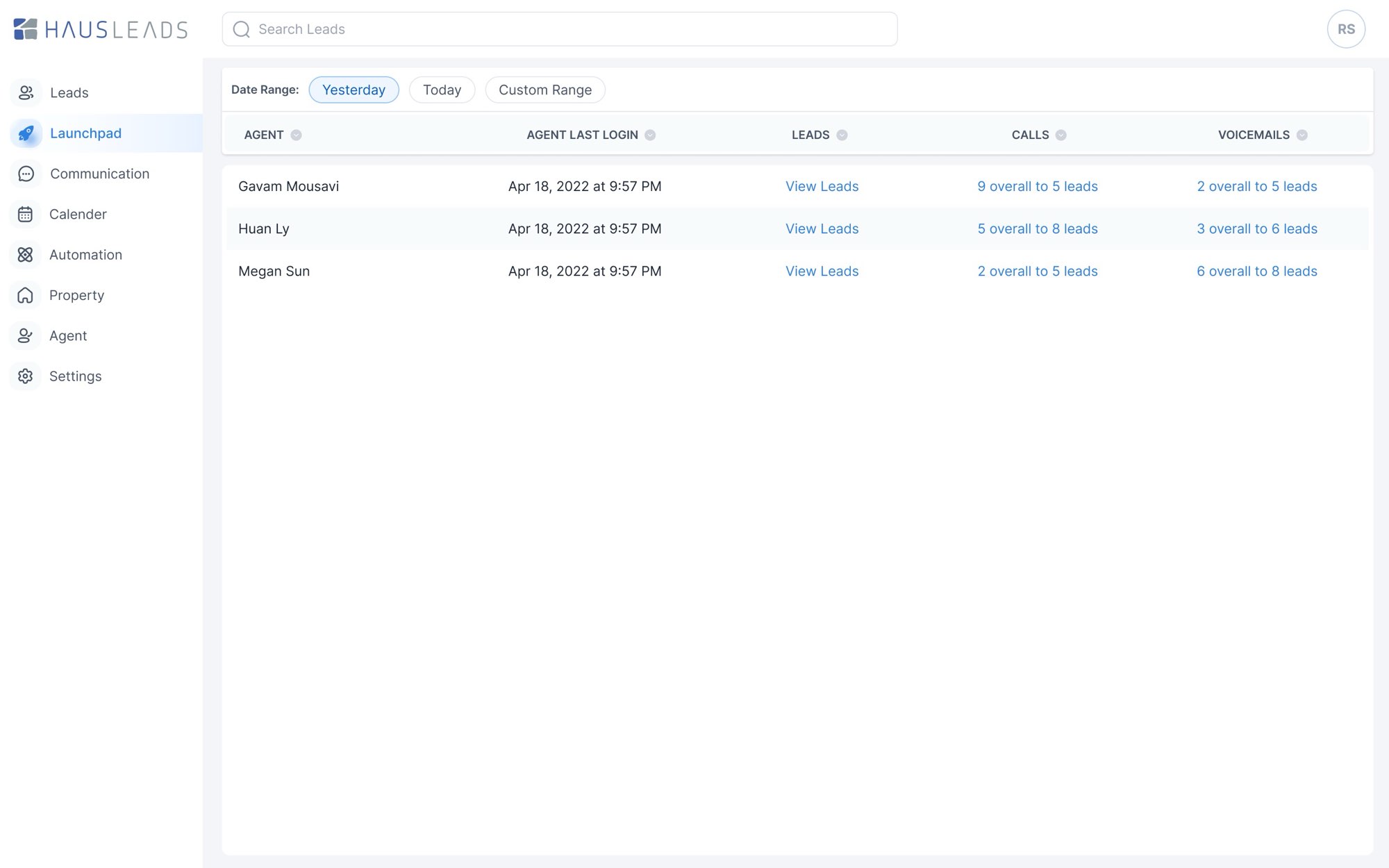 Call summary. Call Summary: each agent's last login, leads, calls and voicemails.