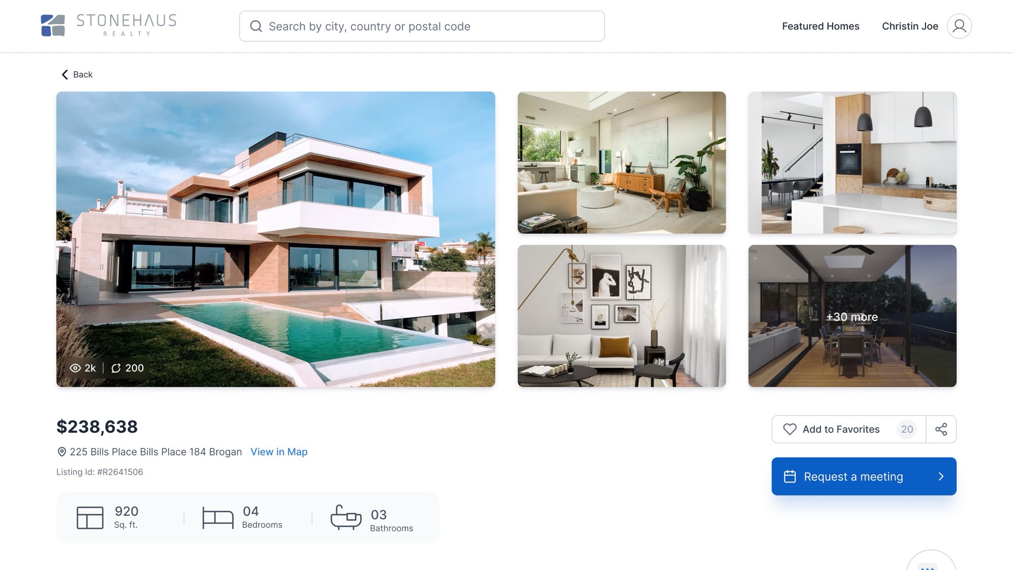 Stonehaus Realty property page: a photo gallery of a modern house with a pool, the price and address, and a Request a meeting button