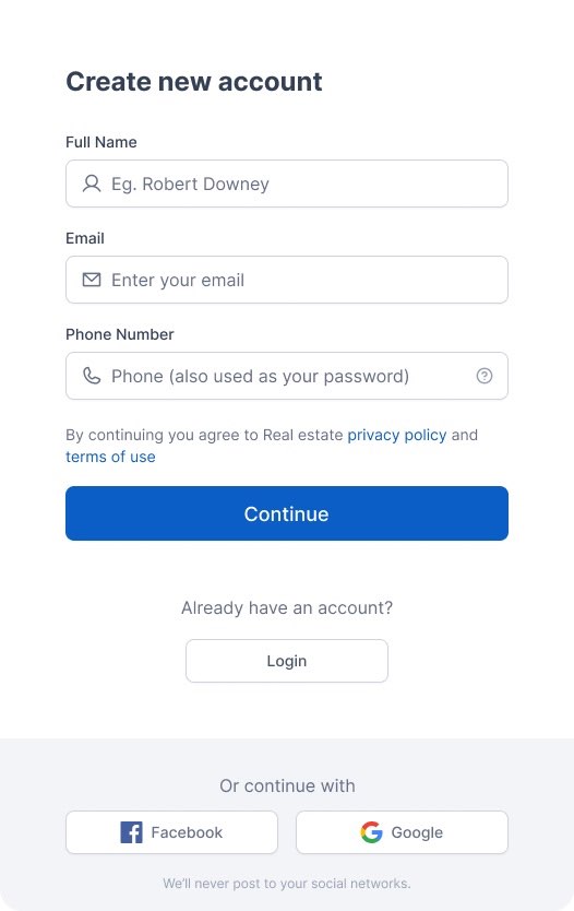 Create account and registration. Create new account (left): name, email and phone number, with Facebook and Google as shortcuts. Free Registration (right): four questions about mortgage prequalification, first-time buying, timeline and a home to sell.