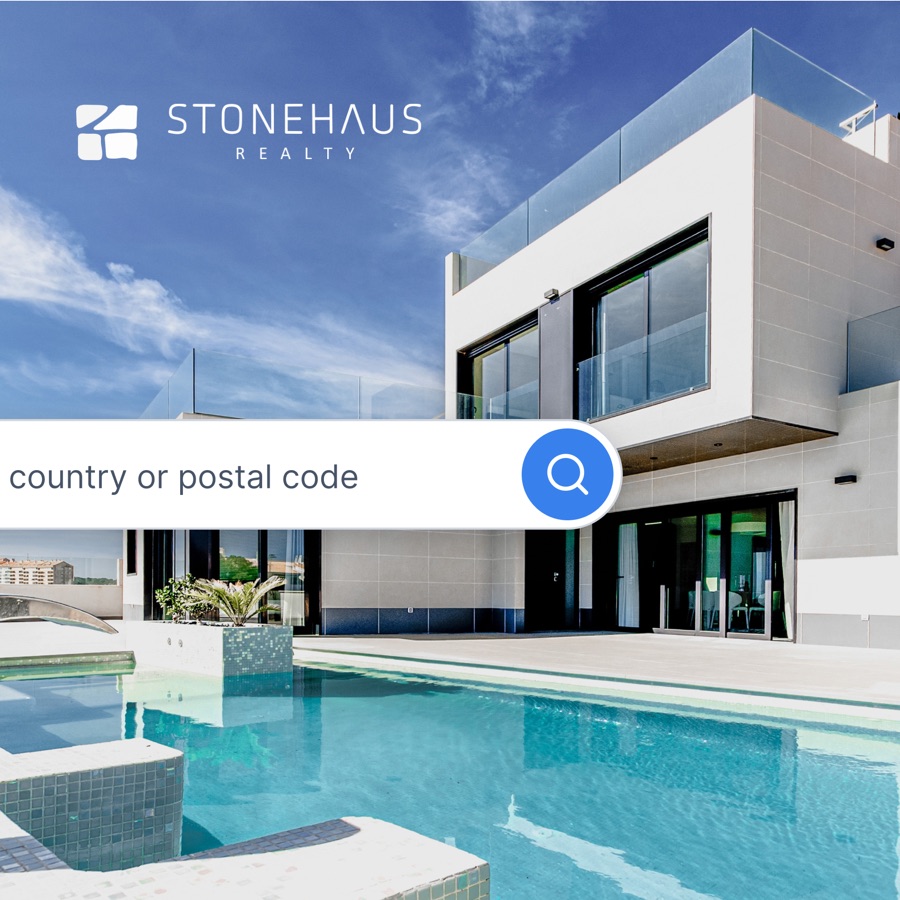 Stonehaus Realty logo over a modern house with a pool, with the search box across the middle