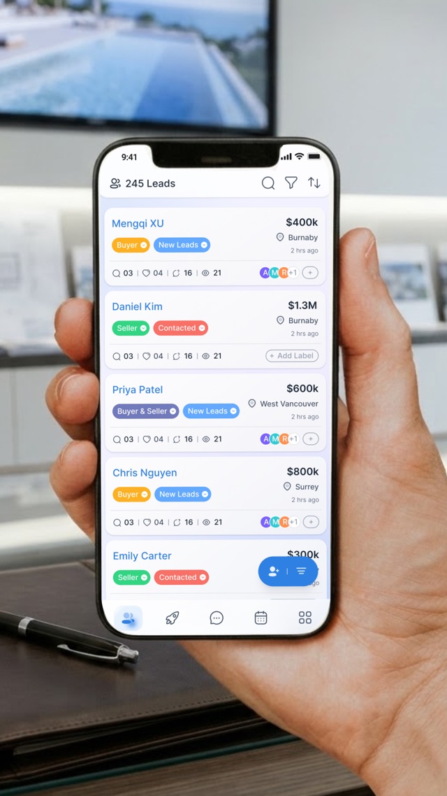 The Hausleads mobile app in a hand, showing the lead list: buyers and sellers with price, city, pipeline stage and activity counts