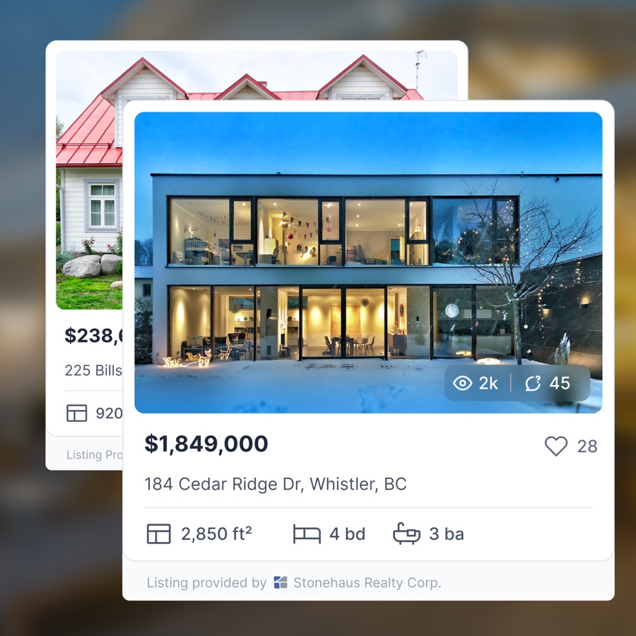 Two Hausleads listing cards: price, address, size, beds and baths, views and saves, listing provided by Stonehaus Realty