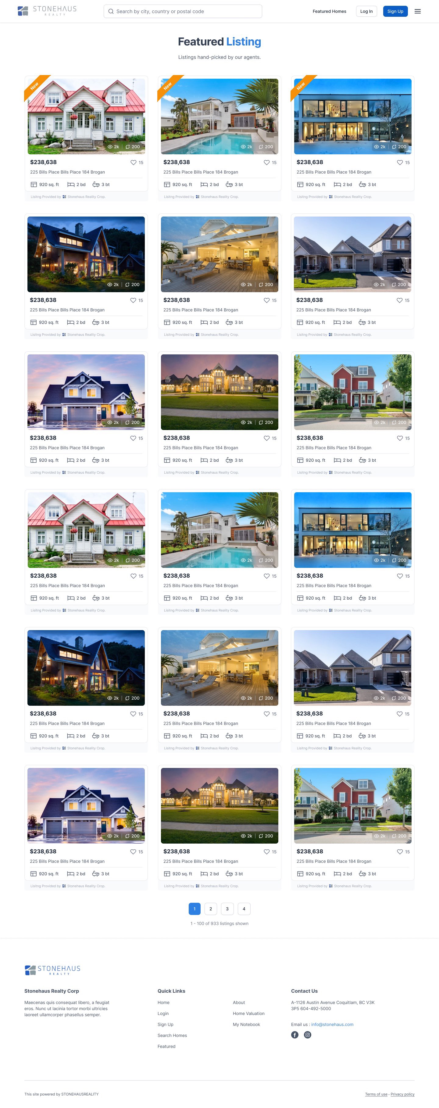 Featured listings. Featured Listing: hand-picked homes in a three-column grid, with pagination and a count of listings shown.