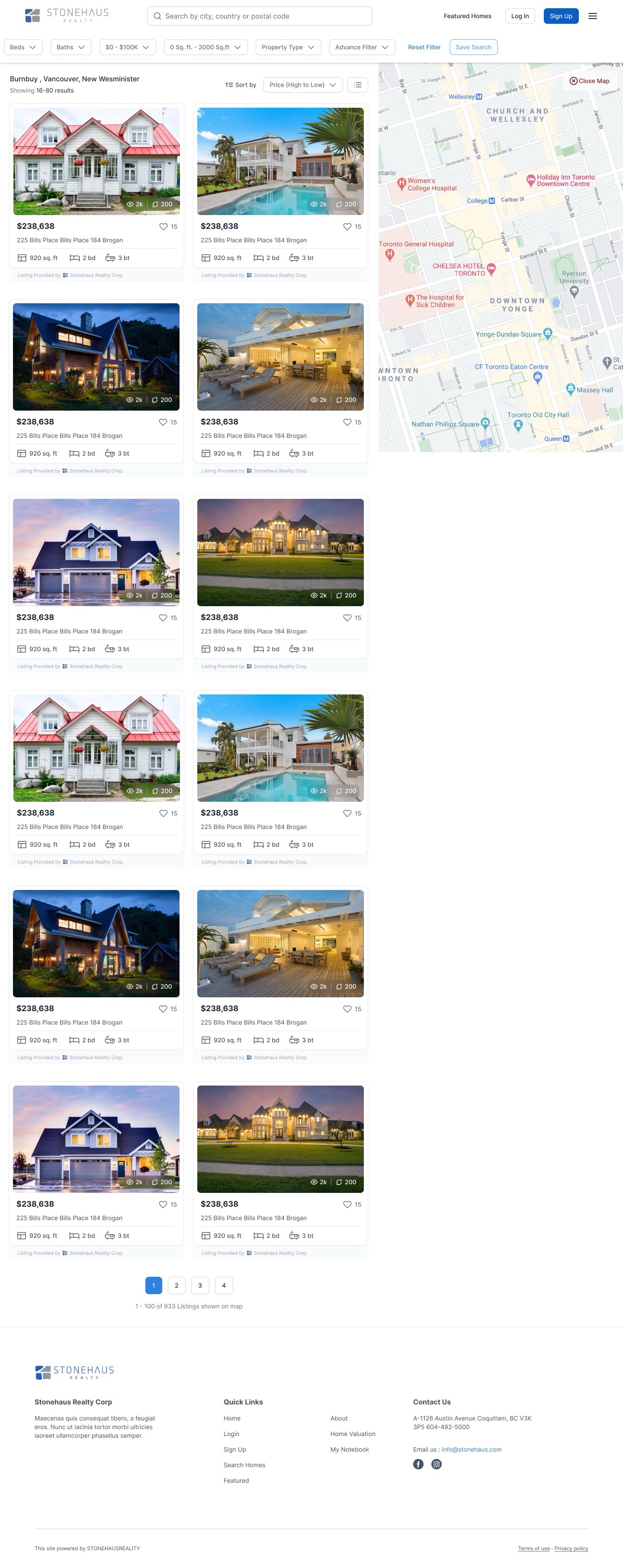 Grid view. Grid view: two cards per row beside an open map, with filters and Save Search along the top.
