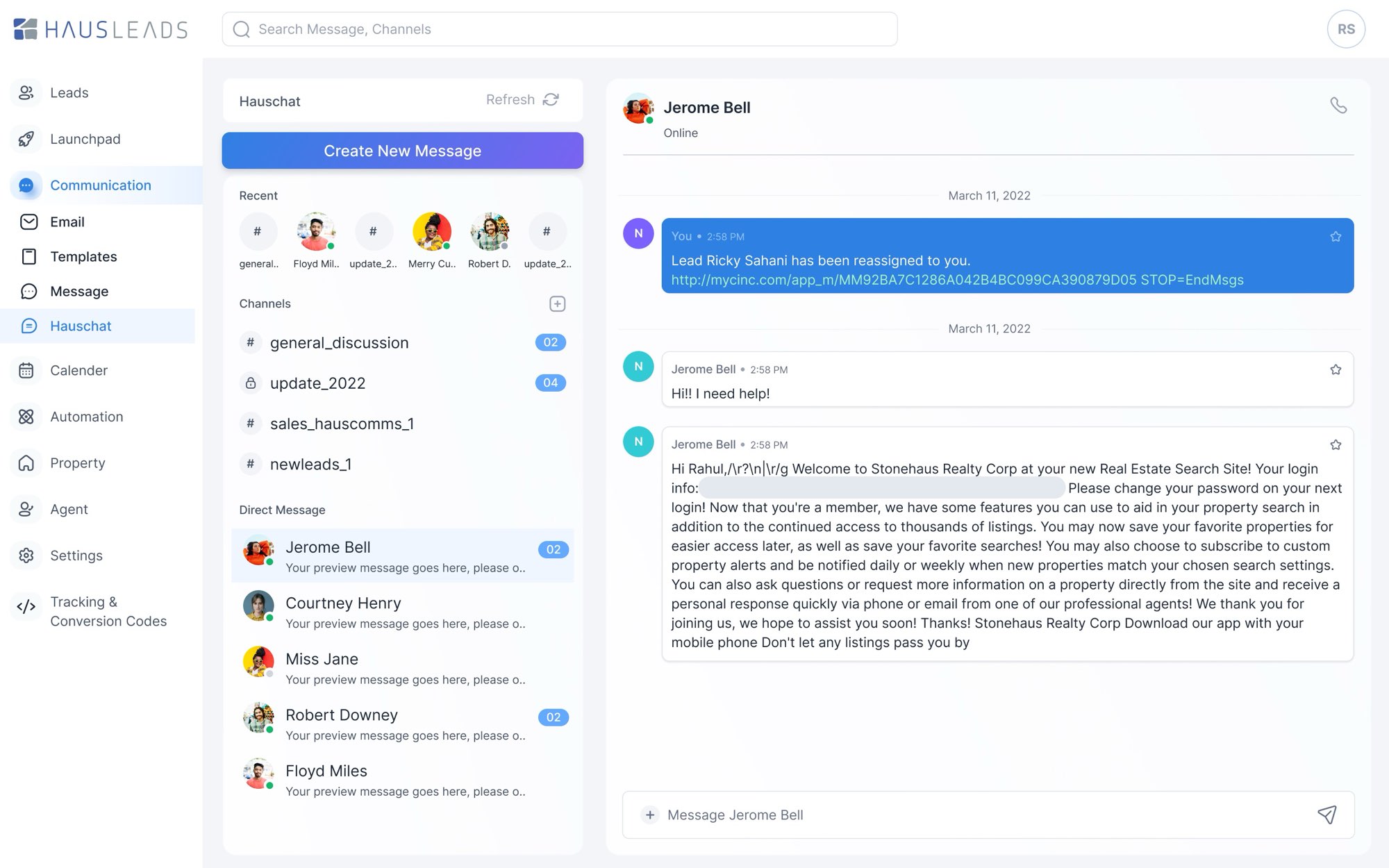 Team chat. Hauschat: recent people, channels and direct messages, with a thread open beside them.