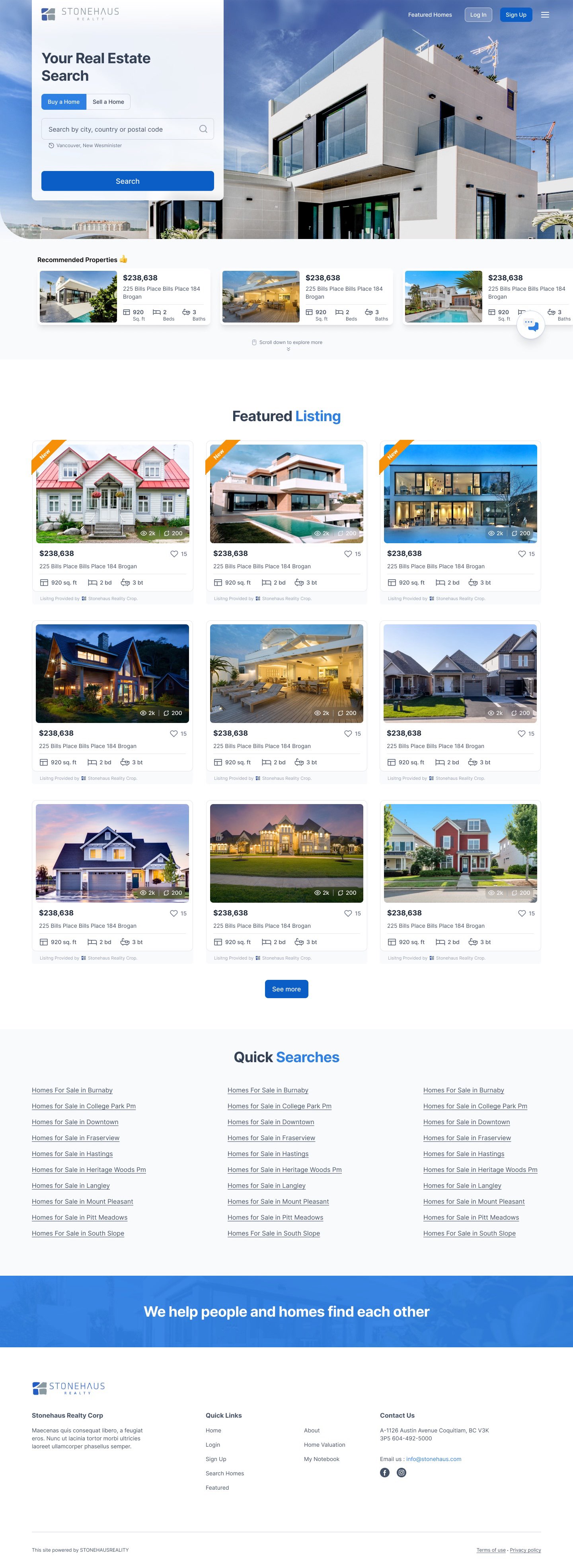 Homepage. The homepage: a search card over the hero, then recommended properties, featured listings and quick searches by neighbourhood.