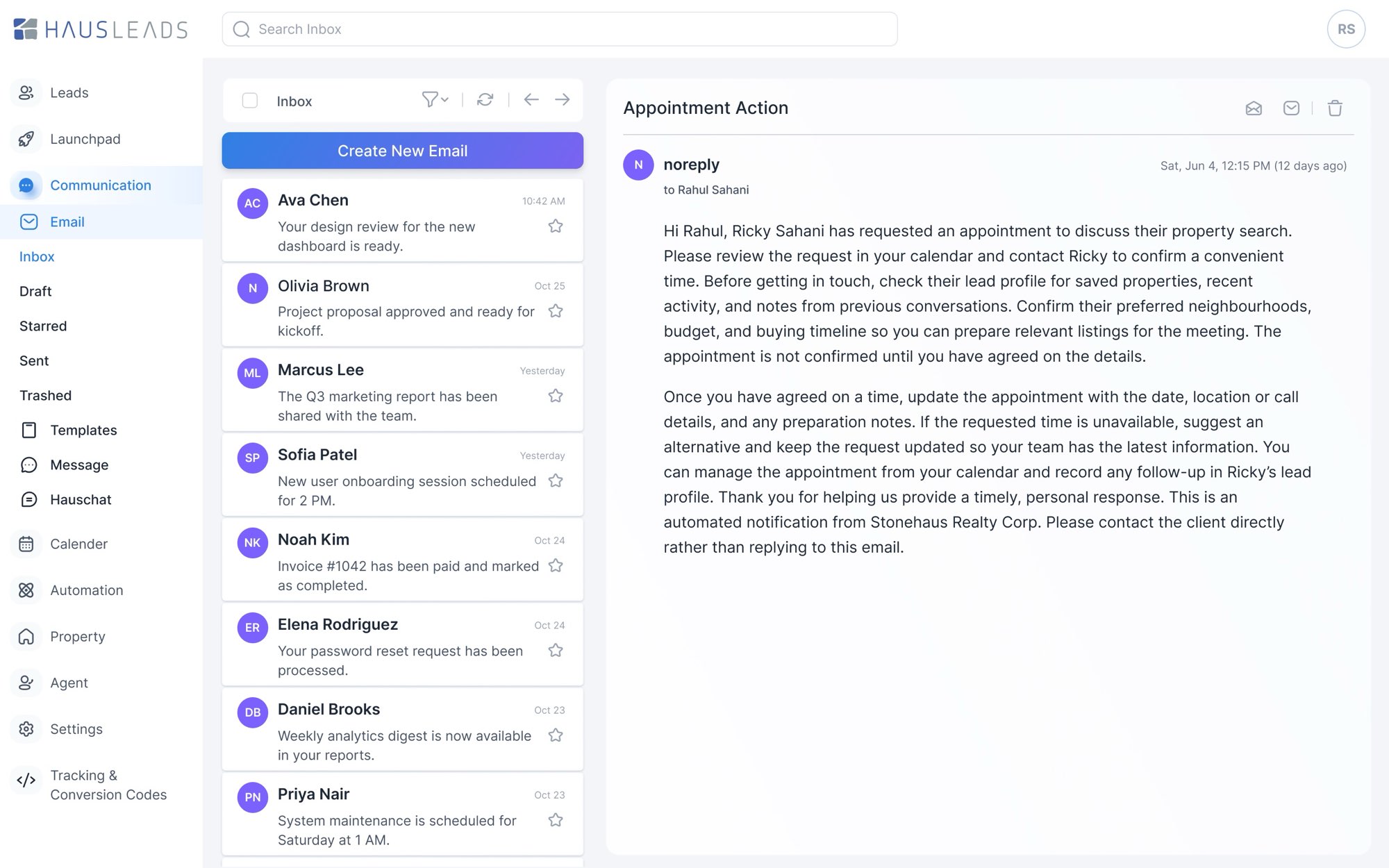 Agent: the email. An Appointment Action email: who asked, where to check the request, and what to prepare.