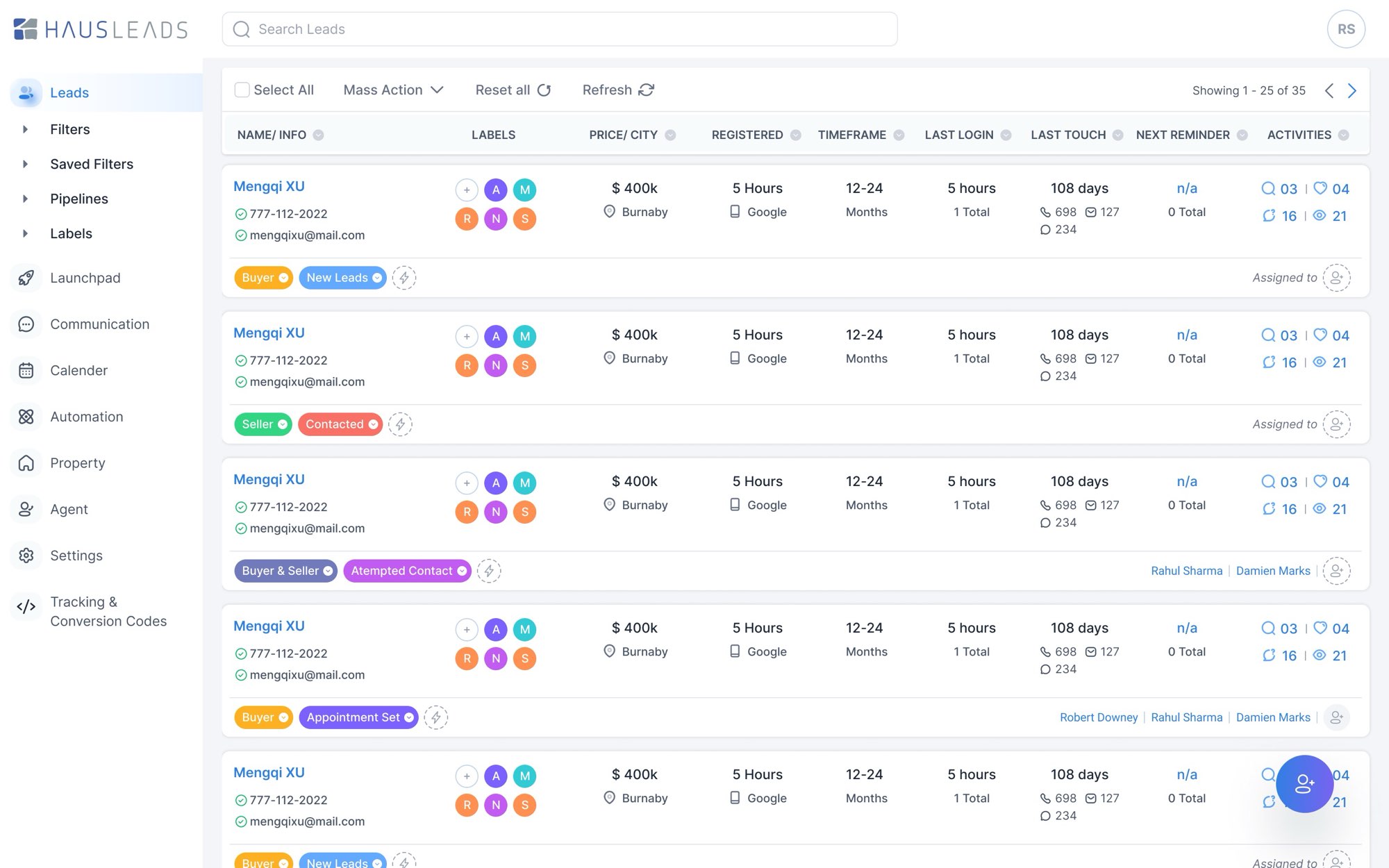 Leads. The lead list: contact, labels, price and city, registration, timeframe, last login and touch, next reminder, activity counts, and pipeline chips.