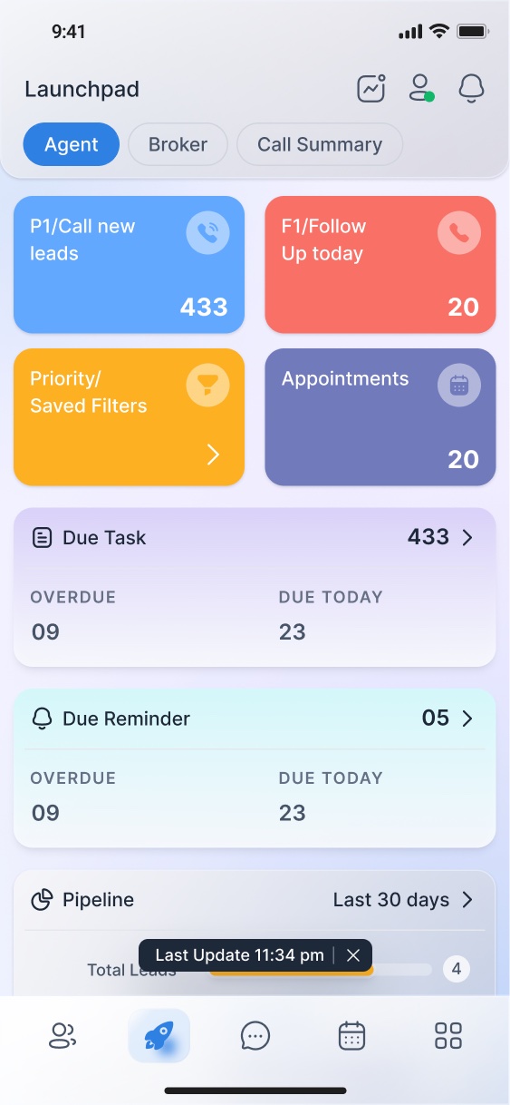 Hausleads mobile app: the Launchpad screen