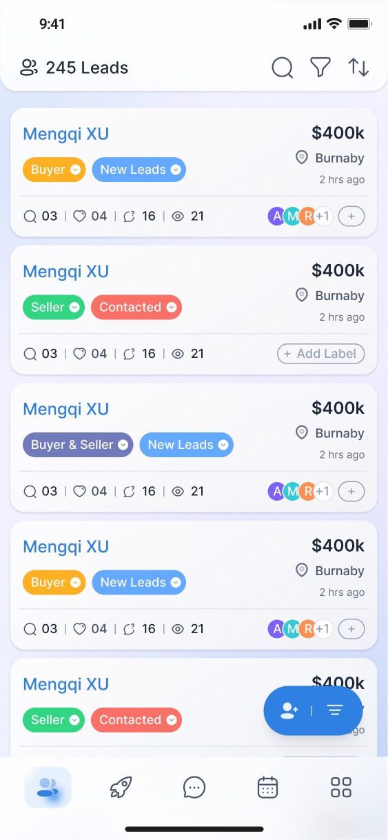 Hausleads mobile app: the Leads screen