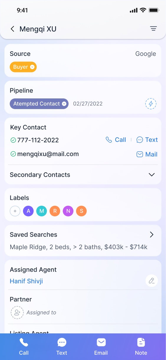 Hausleads mobile app: the Lead profile screen