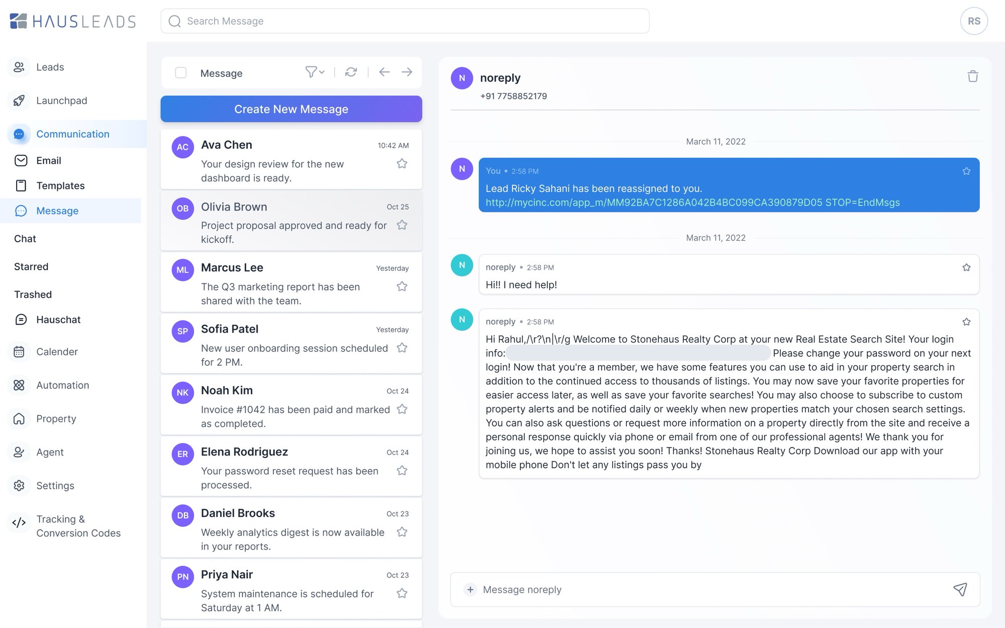 Messages. Message: text conversations in a list and a thread, with Create New Message at the top.
