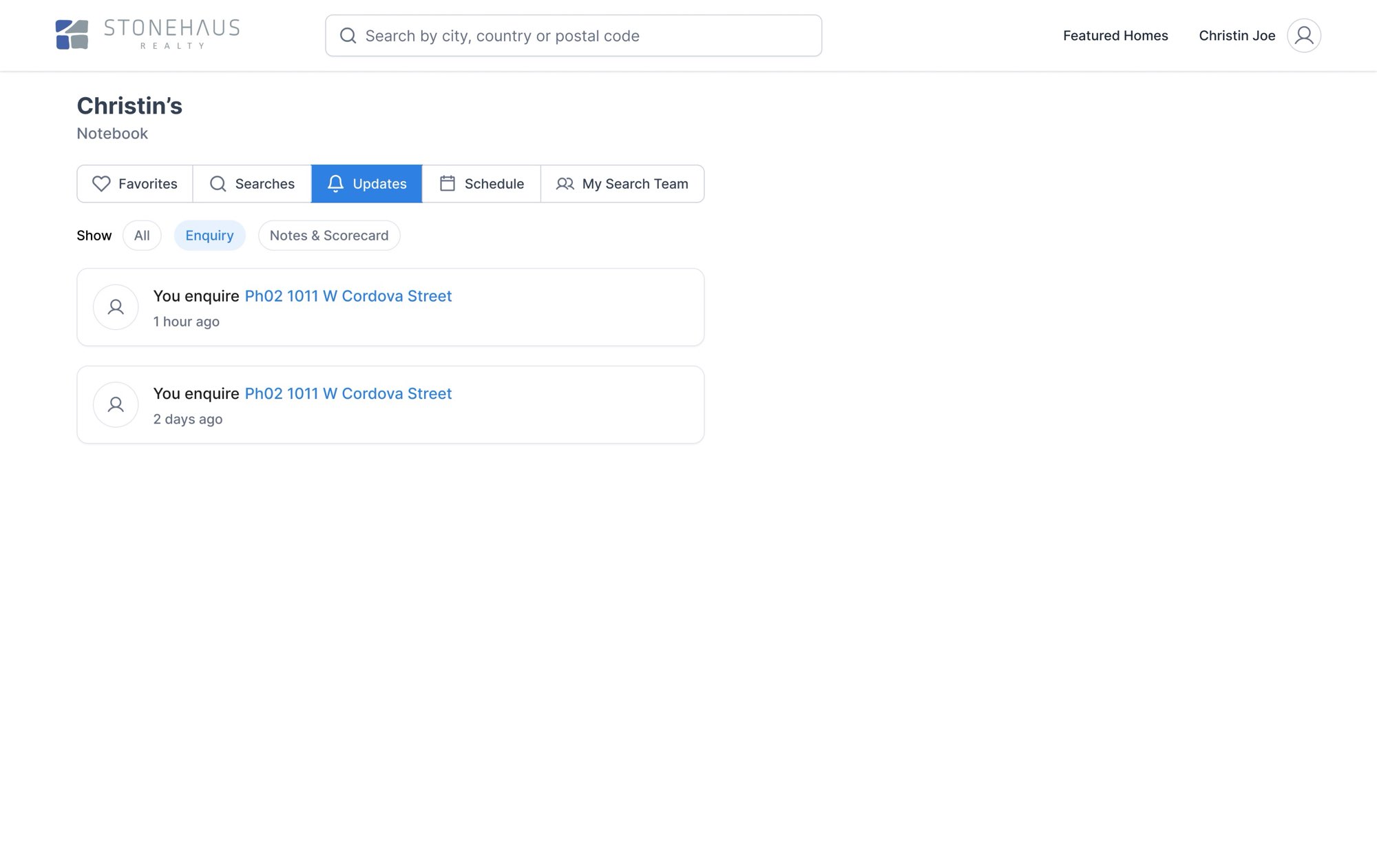 Buyer: recorded. The buyer's side: each enquiry is listed in Updates, with when it was sent.