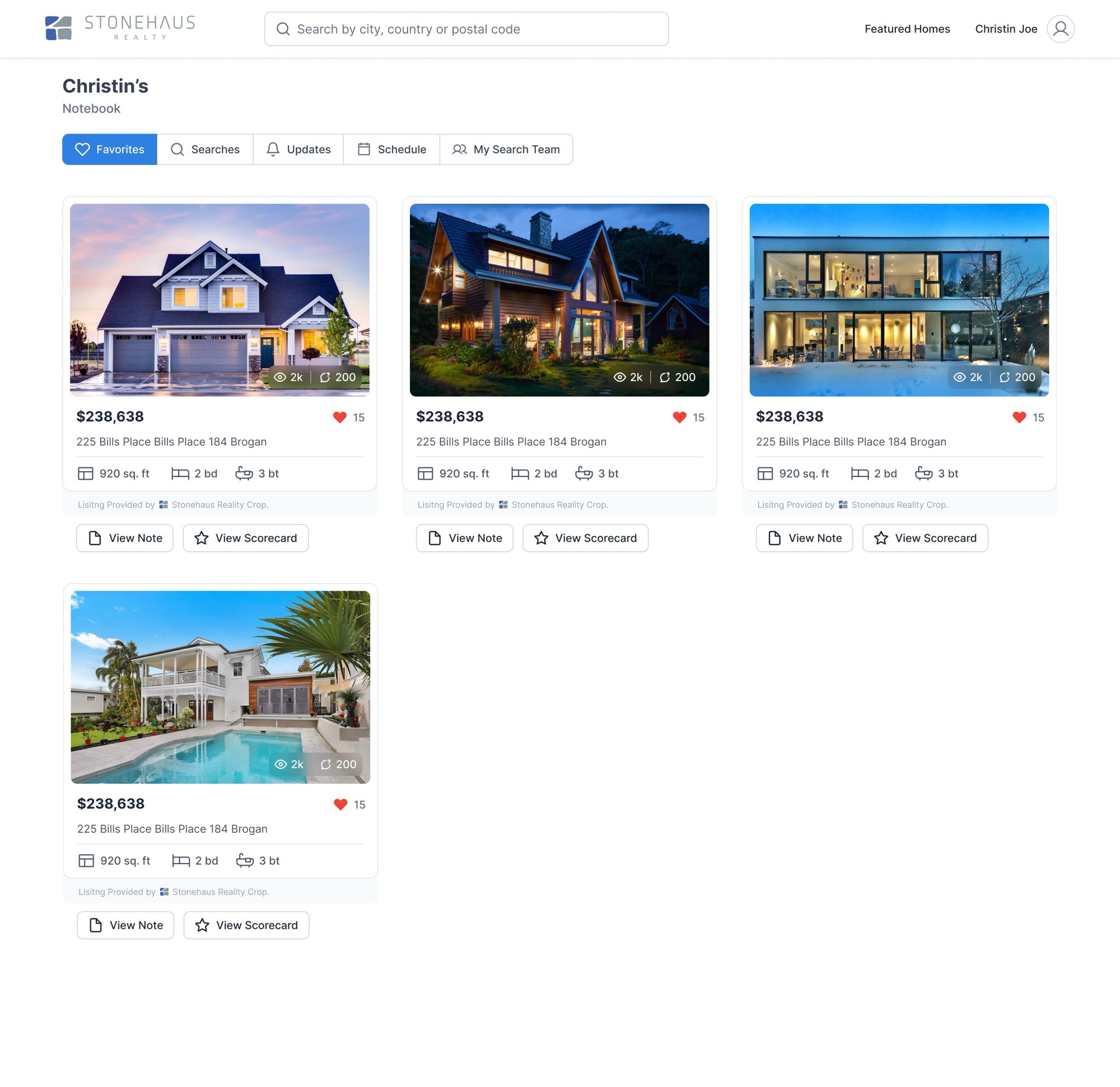 Favourites. Favourites: shortlisted homes with the number of people who saved each one, and shortcuts to a note and a scorecard.