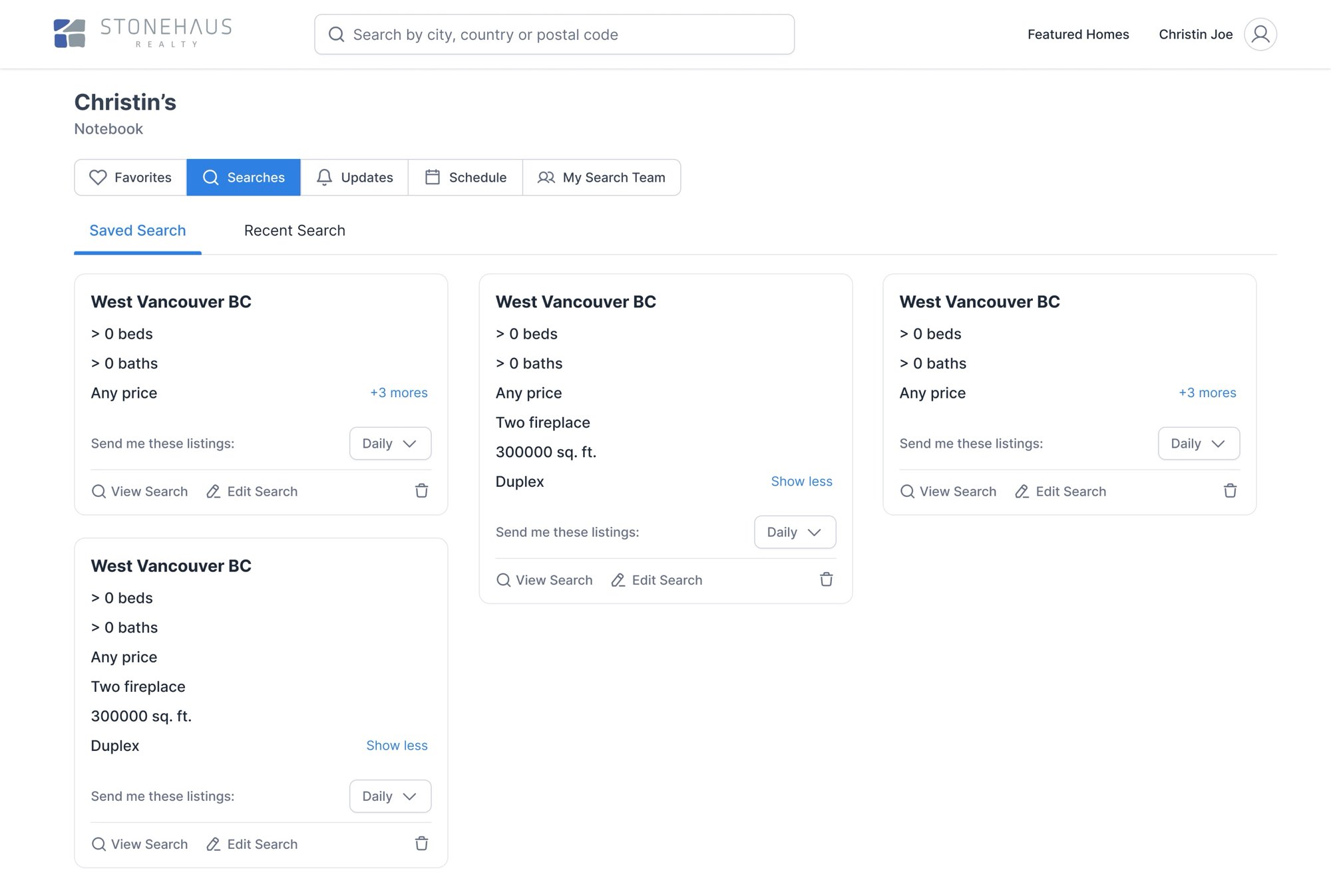 Saved searches. Saved searches: criteria, how often to send matching listings, and View, Edit and delete actions.