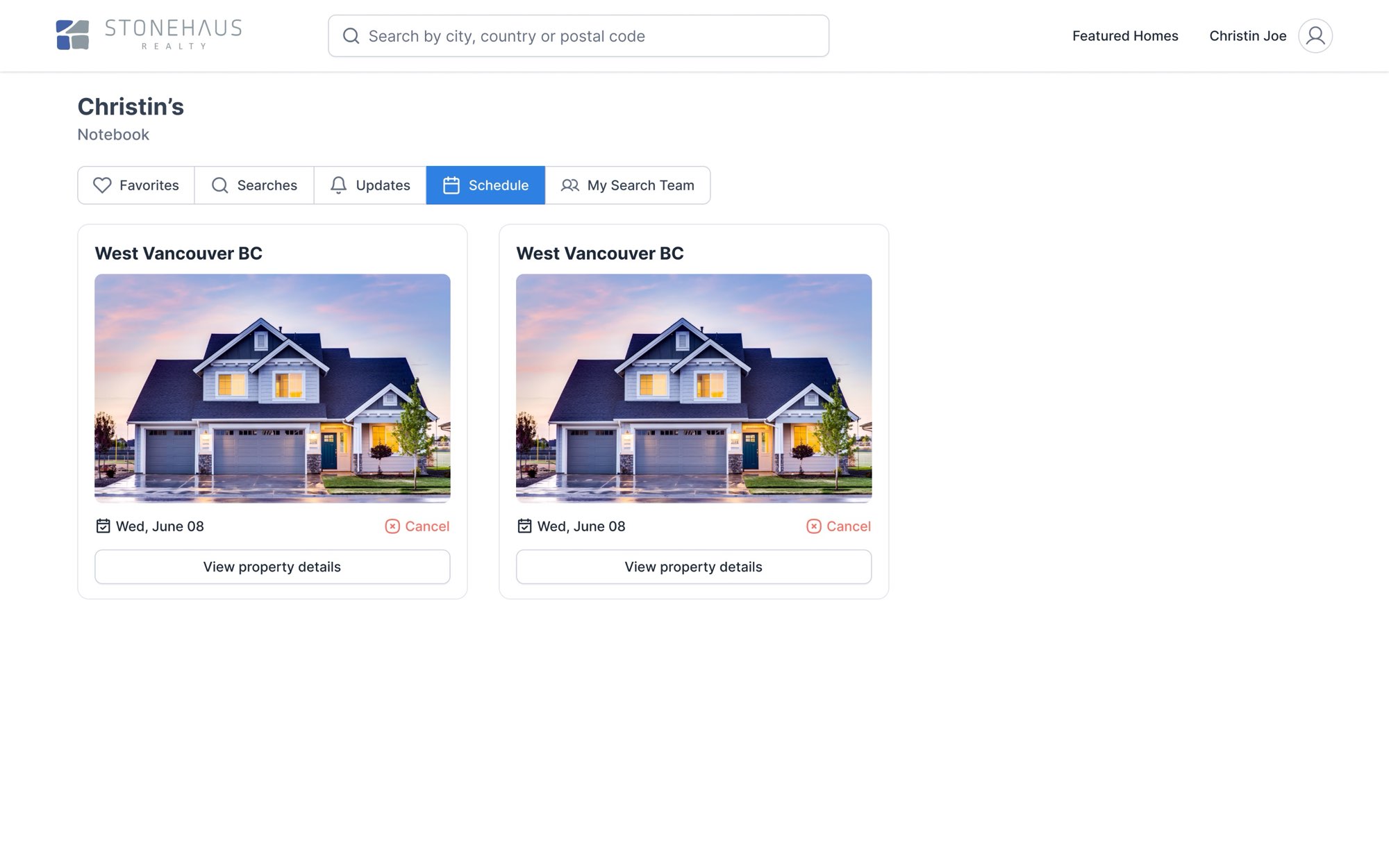 Schedule. Schedule: each planned showing with its date, a Cancel action and a button to the property details.