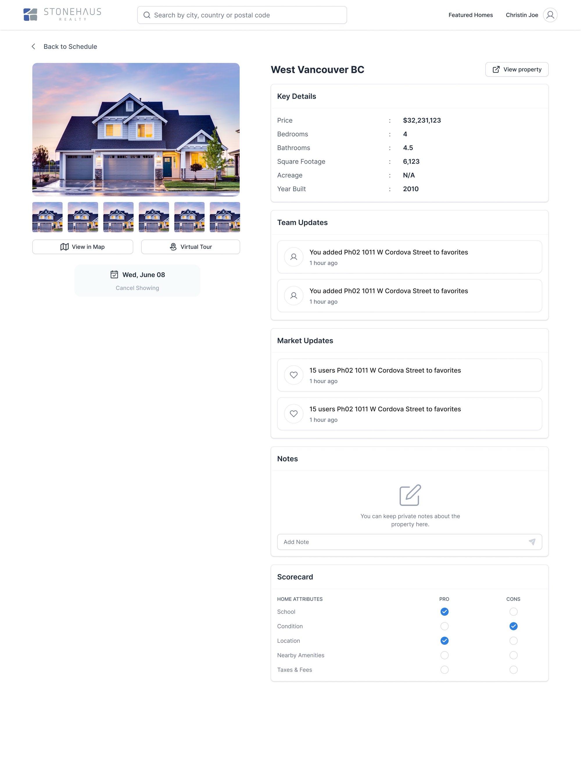 Showing details. Showing details: key facts, photos, map and virtual tour, team and market updates, notes, and the scorecard. The page scrolls.