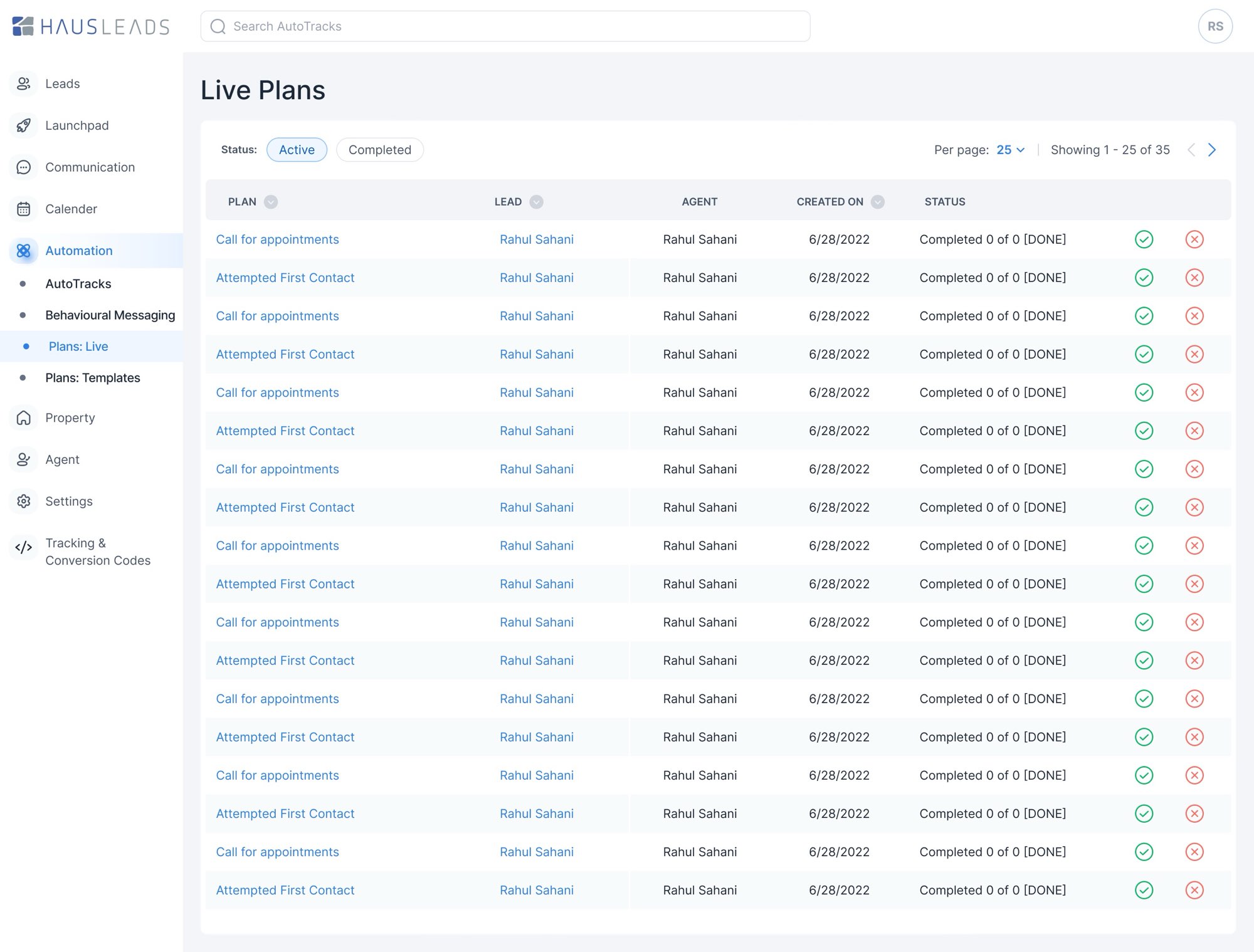 Live plans. Live Plans: the plans running now, by lead, with their progress.