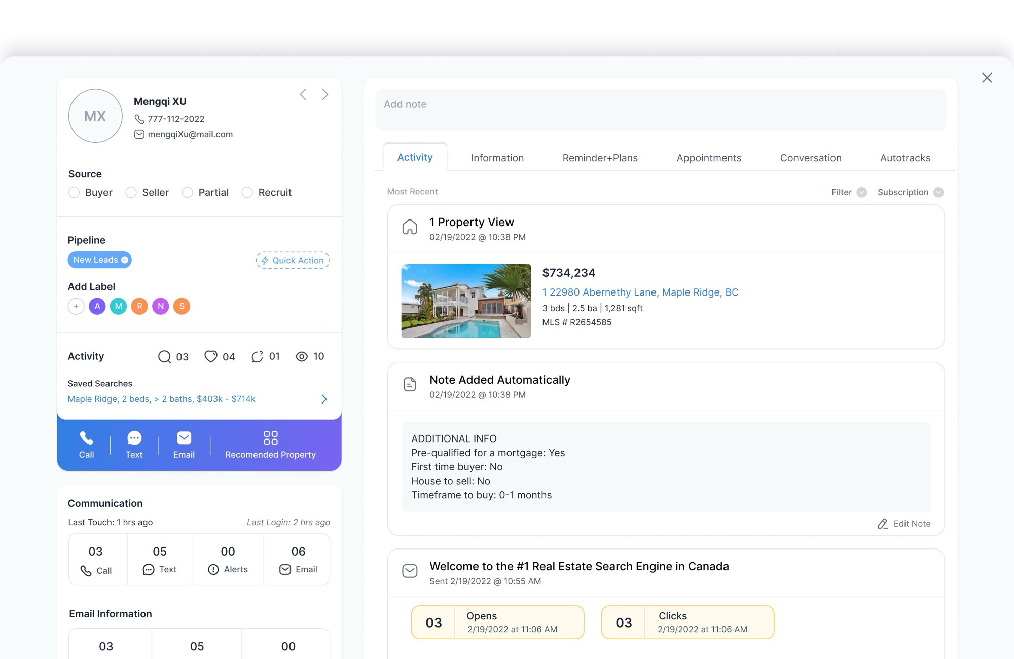 Activity. Activity: a property view, an automatic note, and an email with its opens and clicks.
