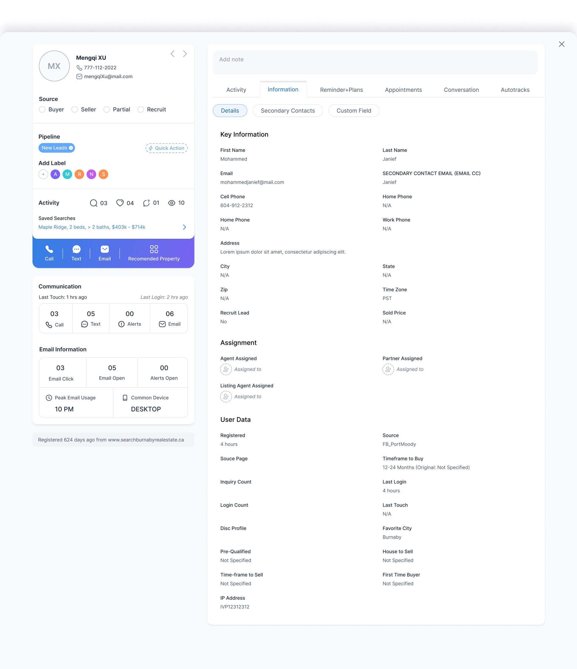 Information. Information, Details: key information, assignment and user data. The page scrolls.