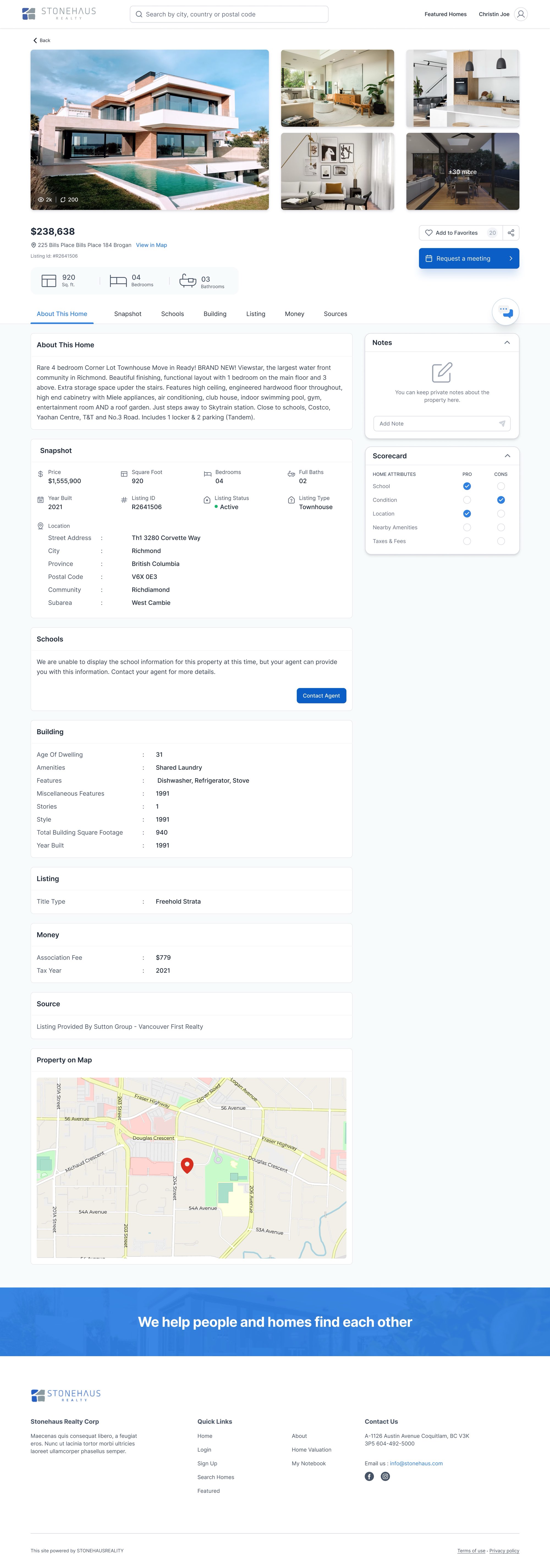 Property page. A listing page: gallery, key numbers, Add to Favorites and Request a meeting, then detail sections with notes and a scorecard in the side column. The page scrolls.