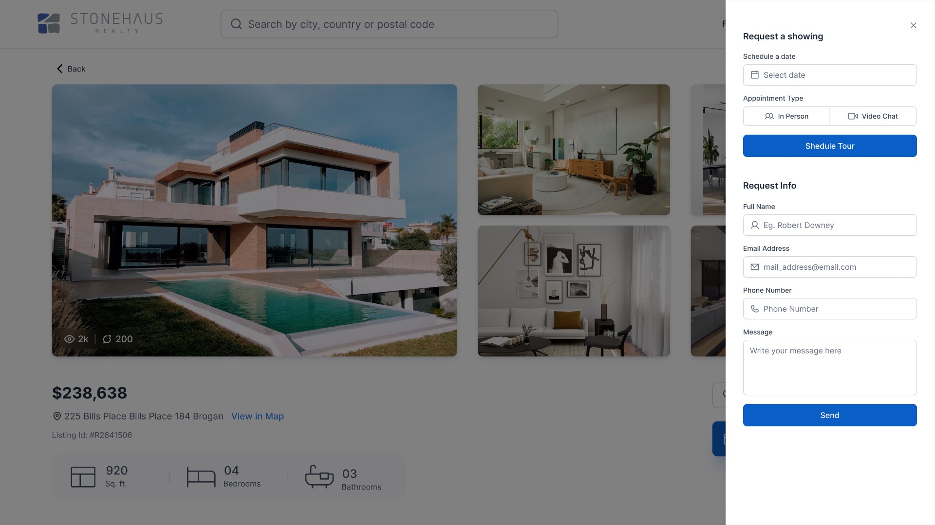 Request a showing panel open over a property page, with a date picker, In Person and Video Chat options, Schedule Tour, and a Request Info form