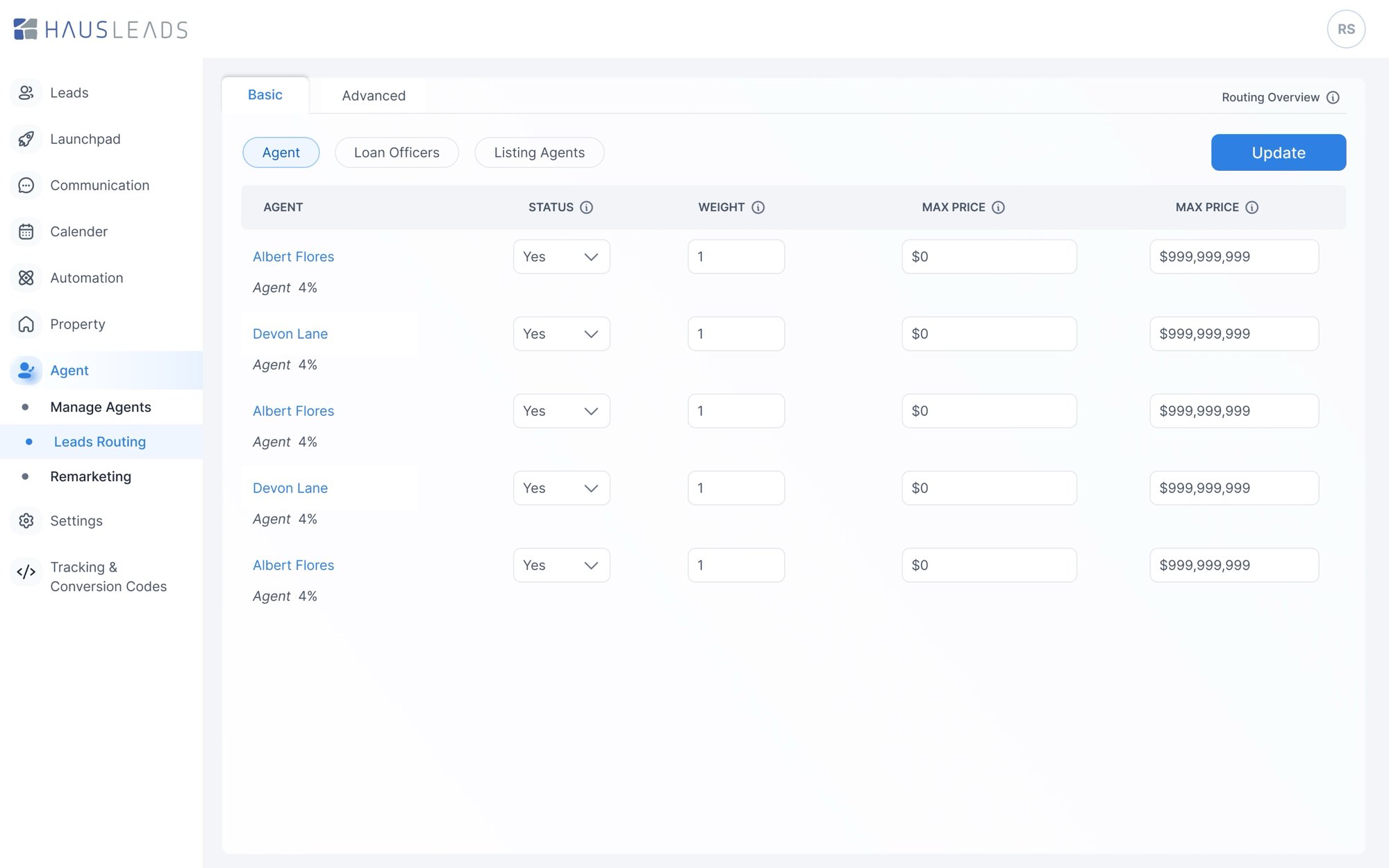Agents. Routing, Basic: status, weight and price range for each agent.