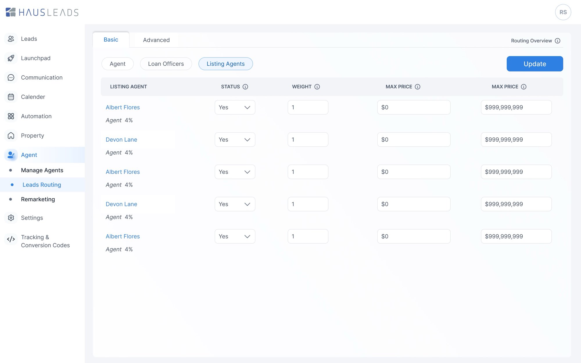 Listing agents. The same controls for listing agents.