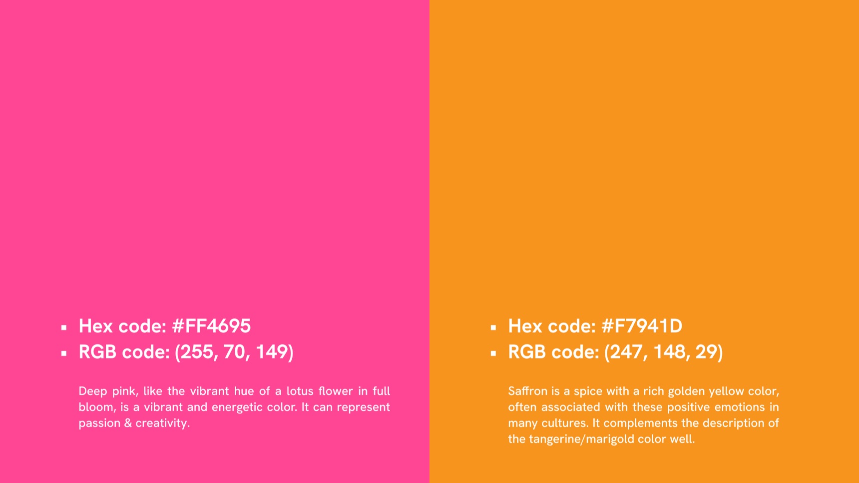 Colour swatches: deep pink #FF4695 and marigold #F7941D with their RGB values