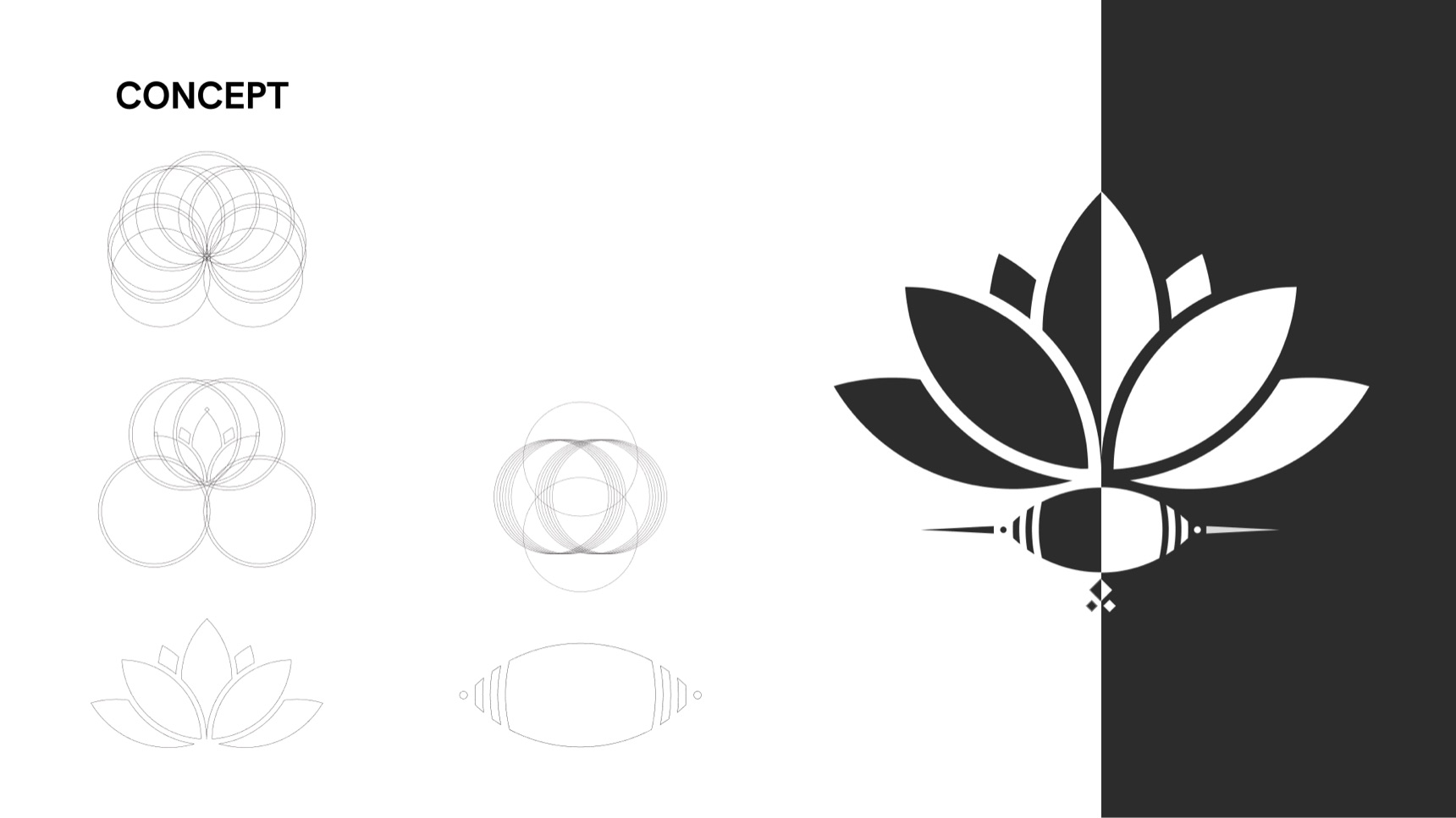 Concept sketches: overlapping circles forming lotus petals and the dejhoor, next to the final mark split in black and white